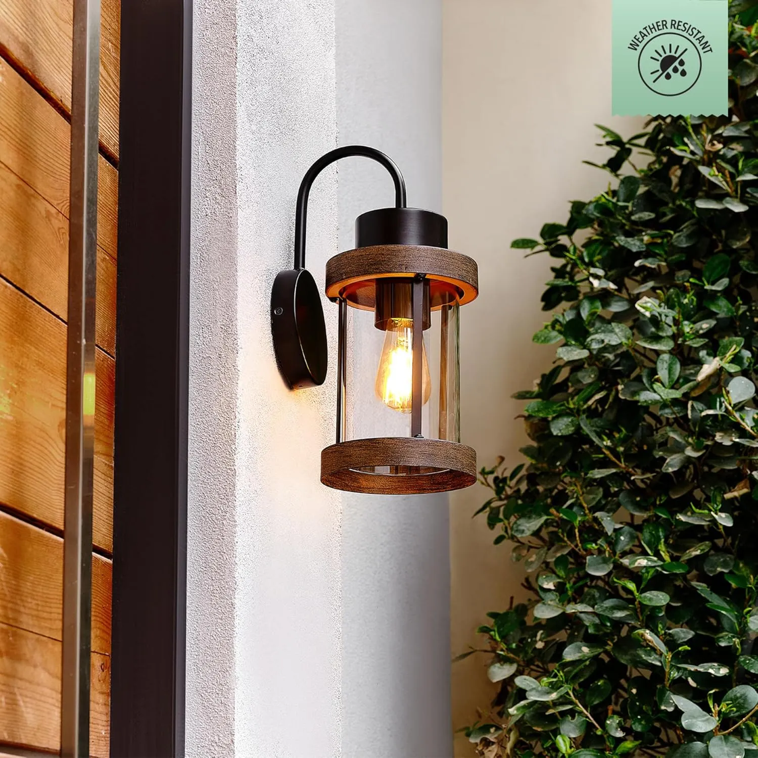 GLOBE Electric 60000026 1-Light Outdoor Wall Sconce, Matte Black, Faux Wood Accent, Clear Glass Shade, E26 Bulb Required, Outdoor Lighting Modern, Front Porch Décor, Wall Lighting, Outdoor Light