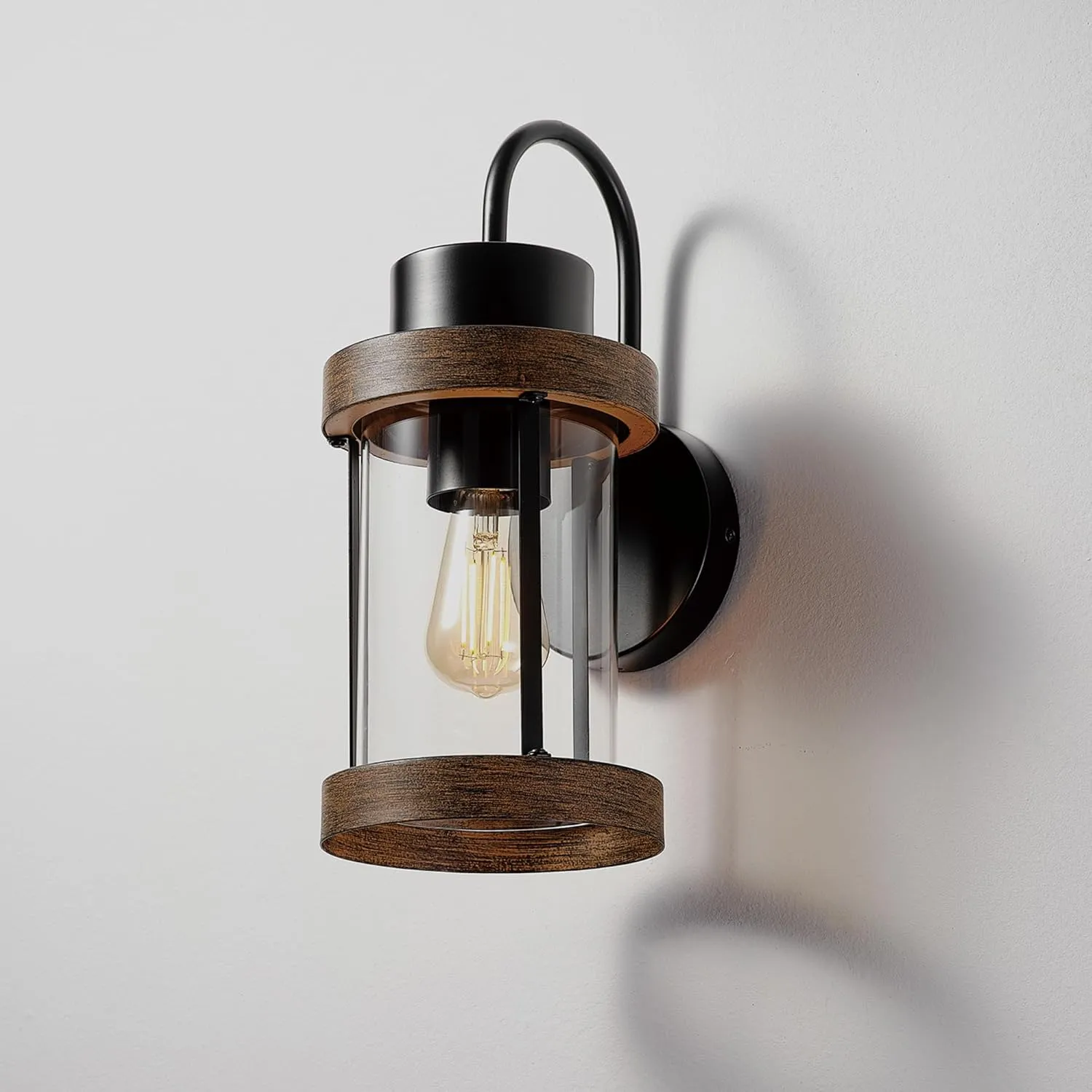 GLOBE Electric 60000026 1-Light Outdoor Wall Sconce, Matte Black, Faux Wood Accent, Clear Glass Shade, E26 Bulb Required, Outdoor Lighting Modern, Front Porch Décor, Wall Lighting, Outdoor Light