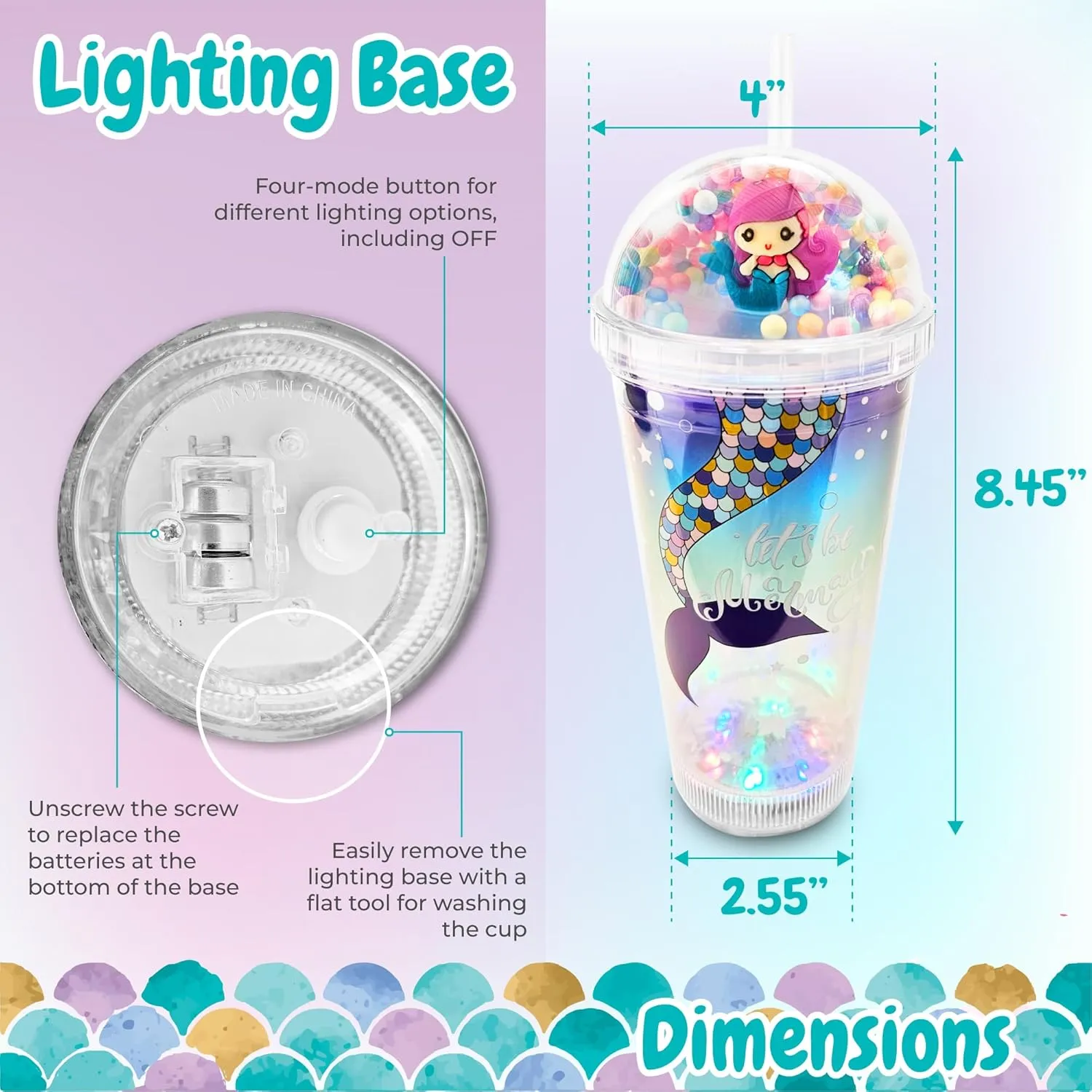 Glow Party Cups for Kids Light Up Tumbler Magic Cup with LED Glow in the Dark Water Drinking Bottle 16oz with Lid and Straw (Lilac Mermaid)