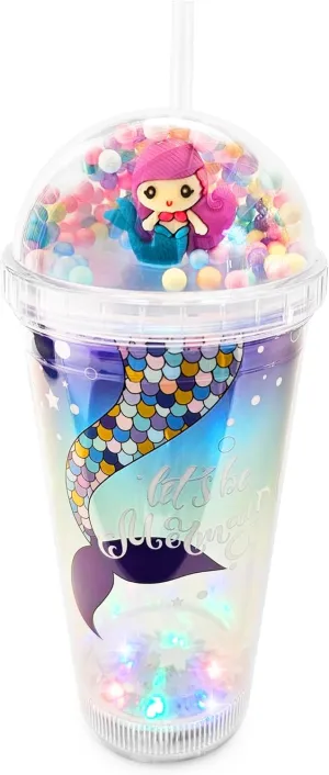 Glow Party Cups for Kids Light Up Tumbler Magic Cup with LED Glow in the Dark Water Drinking Bottle 16oz with Lid and Straw (Lilac Mermaid)