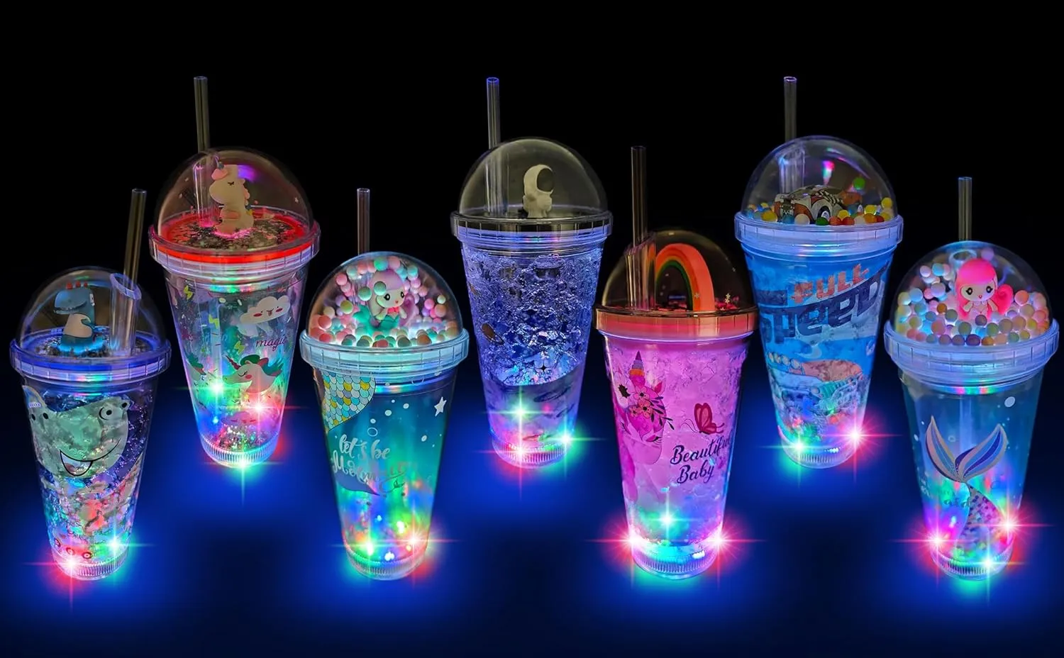 Glow Party Cups for Kids Light Up Tumbler Magic Cup with LED Glow in the Dark Water Drinking Bottle 16oz with Lid and Straw (Lilac Mermaid)