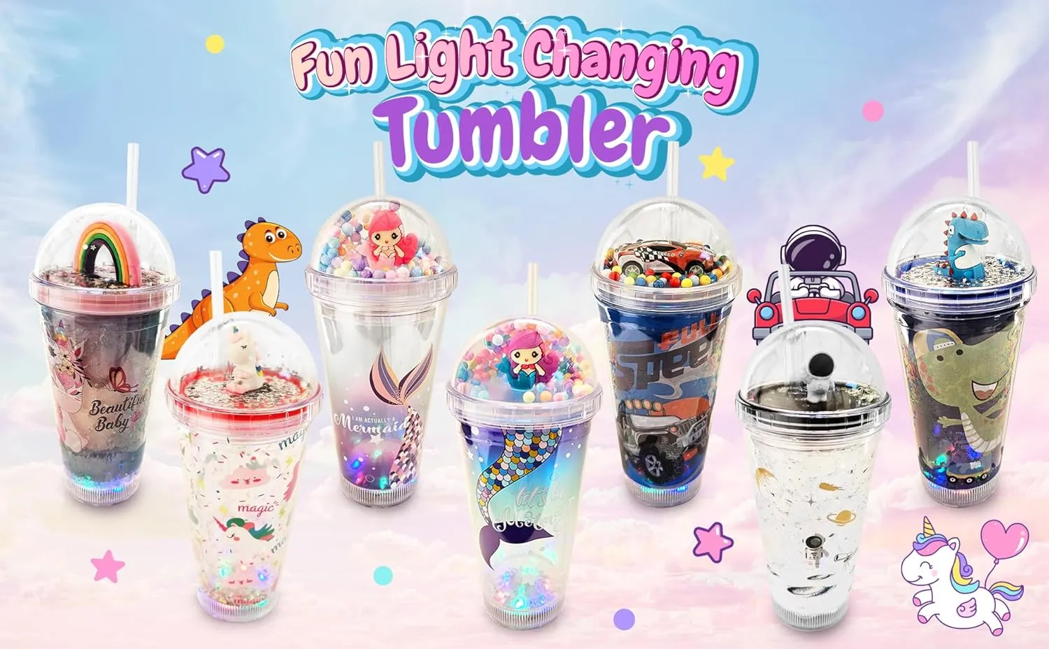 Glow Party Cups for Kids Light Up Tumbler Magic Cup with LED Glow in the Dark Water Drinking Bottle 16oz with Lid and Straw (Lilac Mermaid)