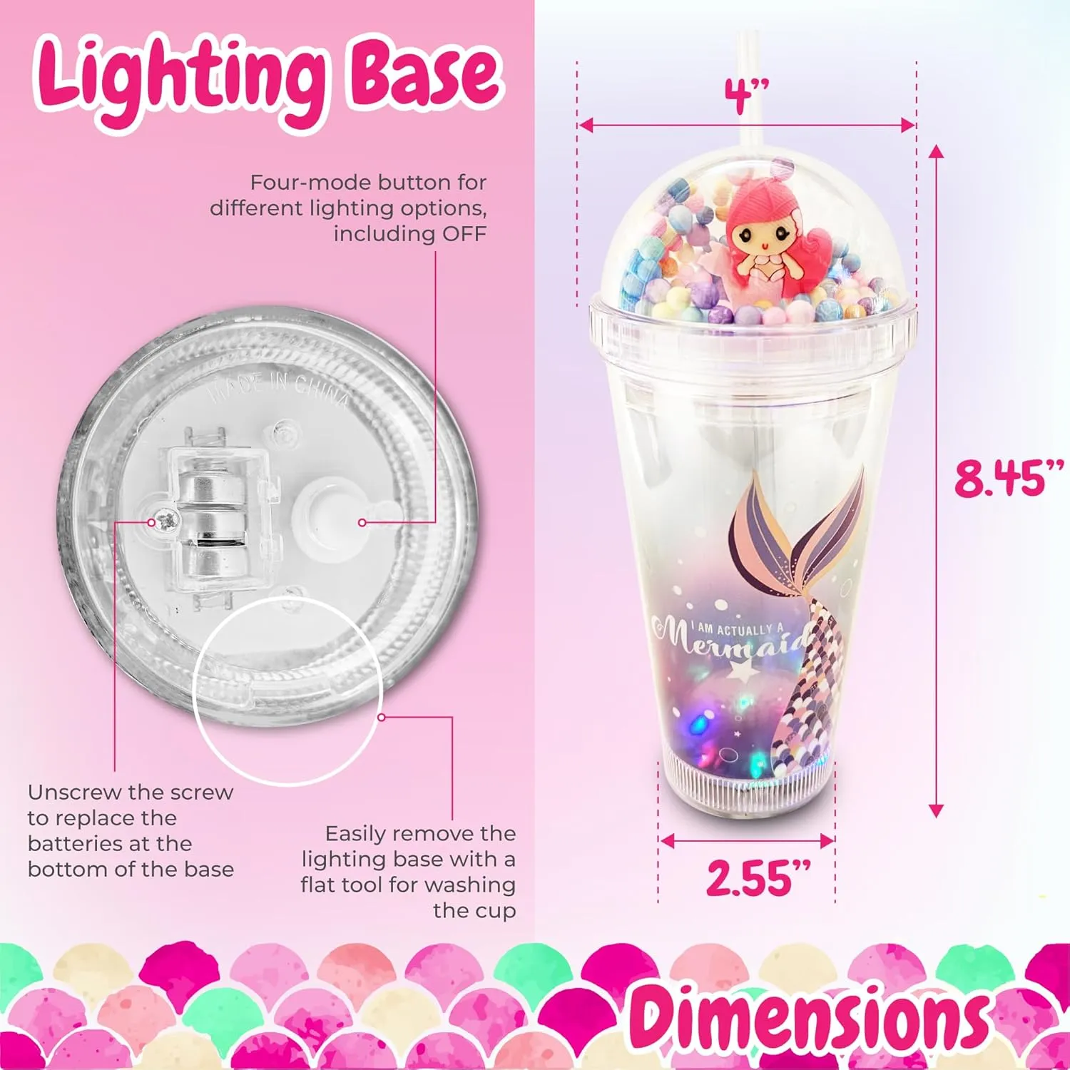 Glow Party Cups for Kids Light Up Tumbler Magic Cup with LED Glow in the Dark Water Drinking Bottle 16oz with Lid and Straw (Pink Mermaid)