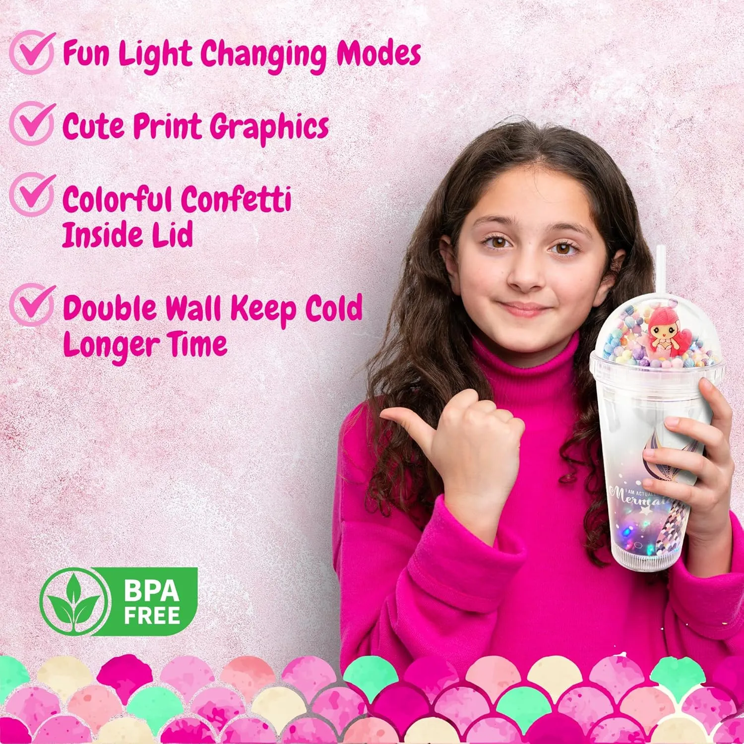 Glow Party Cups for Kids Light Up Tumbler Magic Cup with LED Glow in the Dark Water Drinking Bottle 16oz with Lid and Straw (Pink Mermaid)