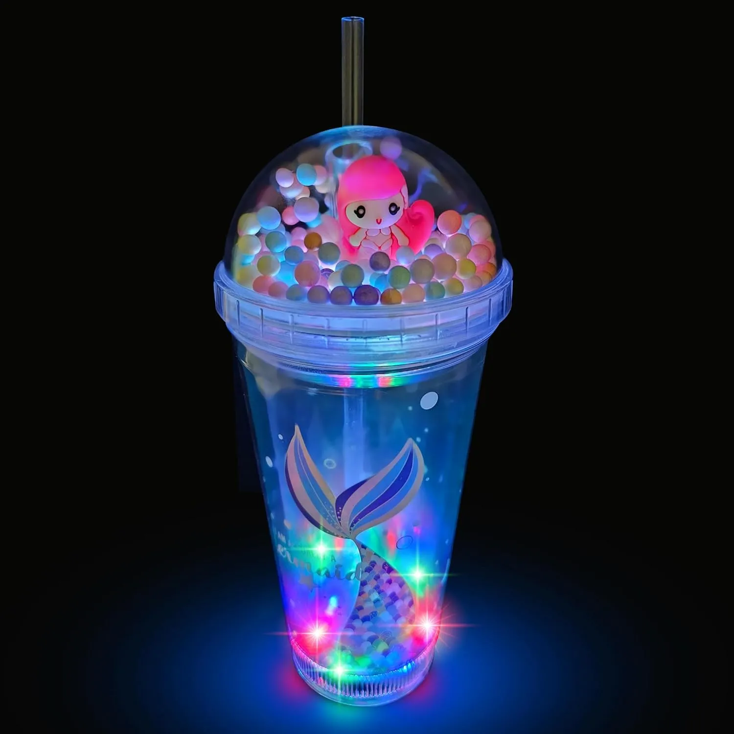 Glow Party Cups for Kids Light Up Tumbler Magic Cup with LED Glow in the Dark Water Drinking Bottle 16oz with Lid and Straw (Pink Mermaid)