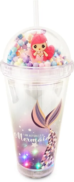 Glow Party Cups for Kids Light Up Tumbler Magic Cup with LED Glow in the Dark Water Drinking Bottle 16oz with Lid and Straw (Pink Mermaid)