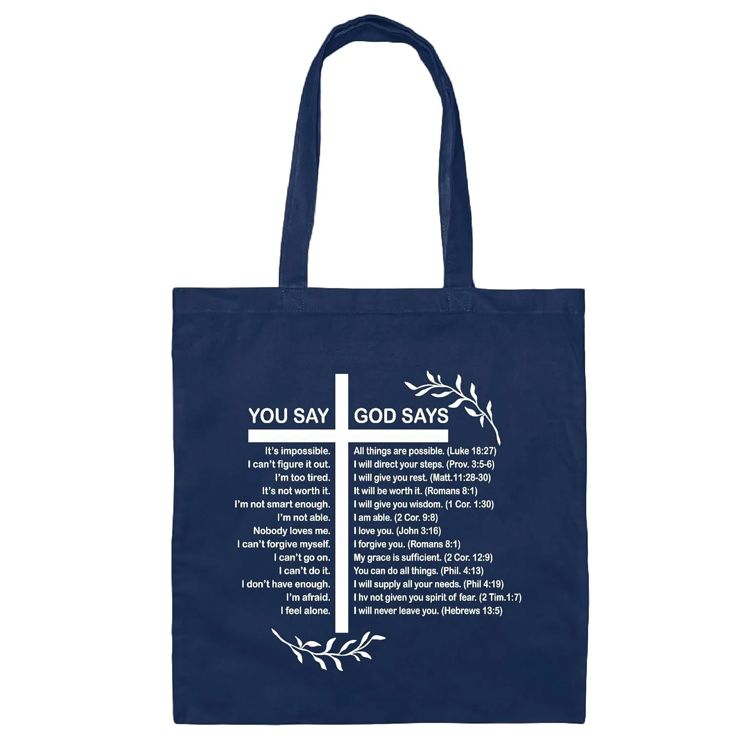 God Says Christian Memory Verse Uplifting Tote Bag Gift for Believers Navy Black Multicolor Canvas Tote Bag