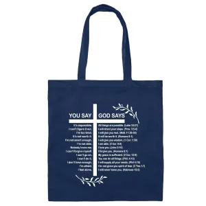 God Says Christian Memory Verse Uplifting Tote Bag Gift for Believers Navy Black Multicolor Canvas Tote Bag