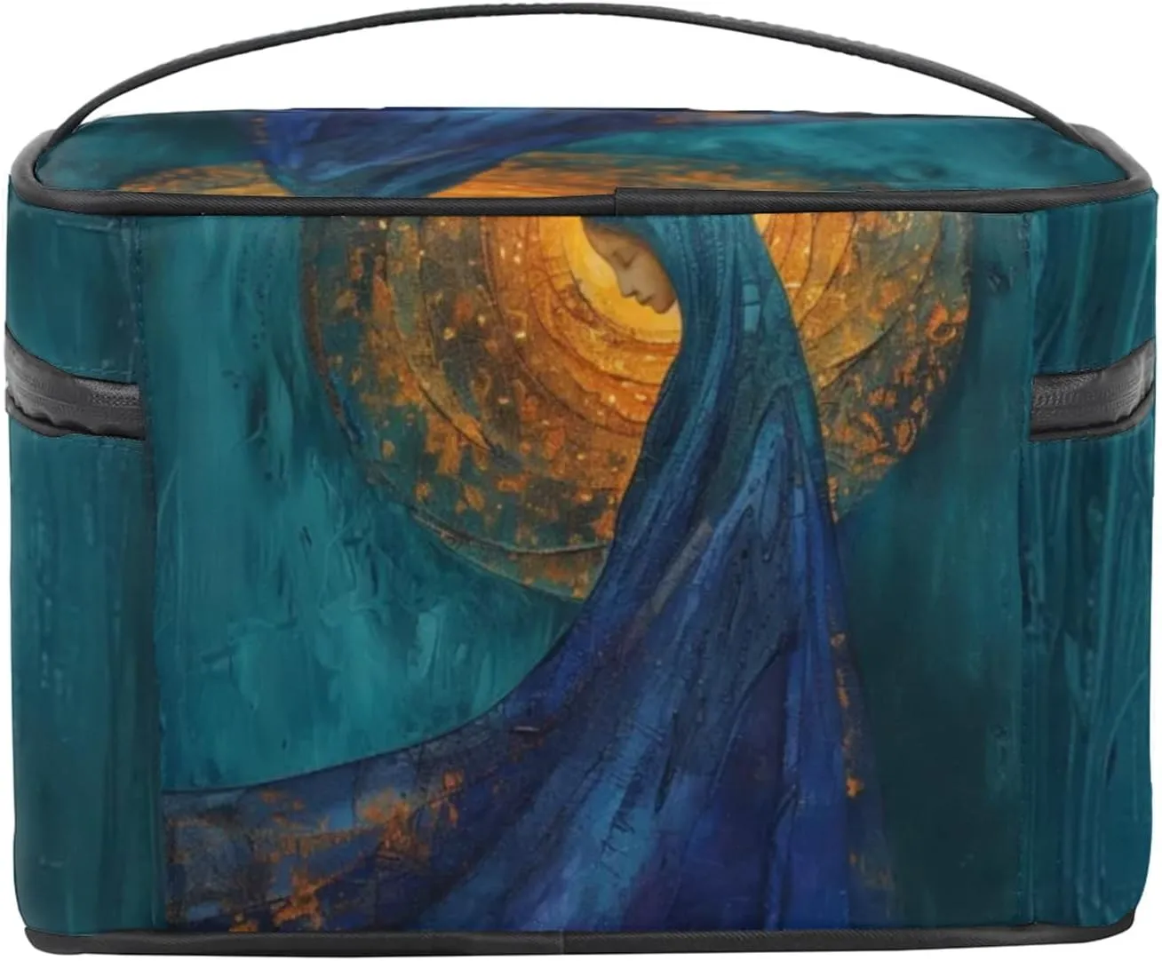 Gold Decor Painting Makeup Bag Large Opening Cosmetic Bag Portable Makeup Case Organizer Toiletry Bags for Women Daily Traveling With Handle Grids Smooth Zipper Divider Makeup Pouch
