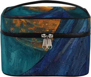 Gold Decor Painting Makeup Bag Large Opening Cosmetic Bag Portable Makeup Case Organizer Toiletry Bags for Women Daily Traveling With Handle Grids Smooth Zipper Divider Makeup Pouch