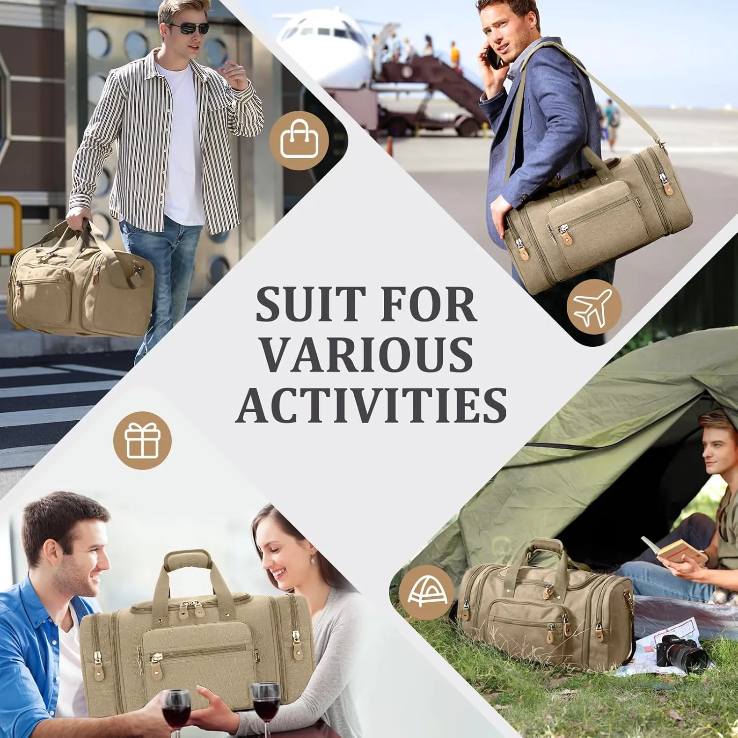Gonex Canvas Duffle Bag for Travel 50L Expandable Duffel Weekend Overnight Bag (Khaki)