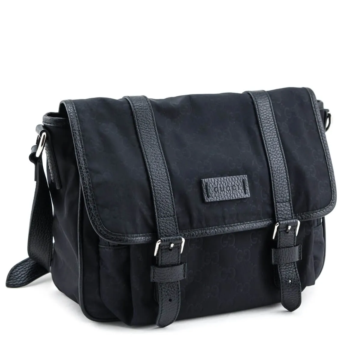 Gucci Black Nylon Monogram Double Buckle Small Messenger Bag