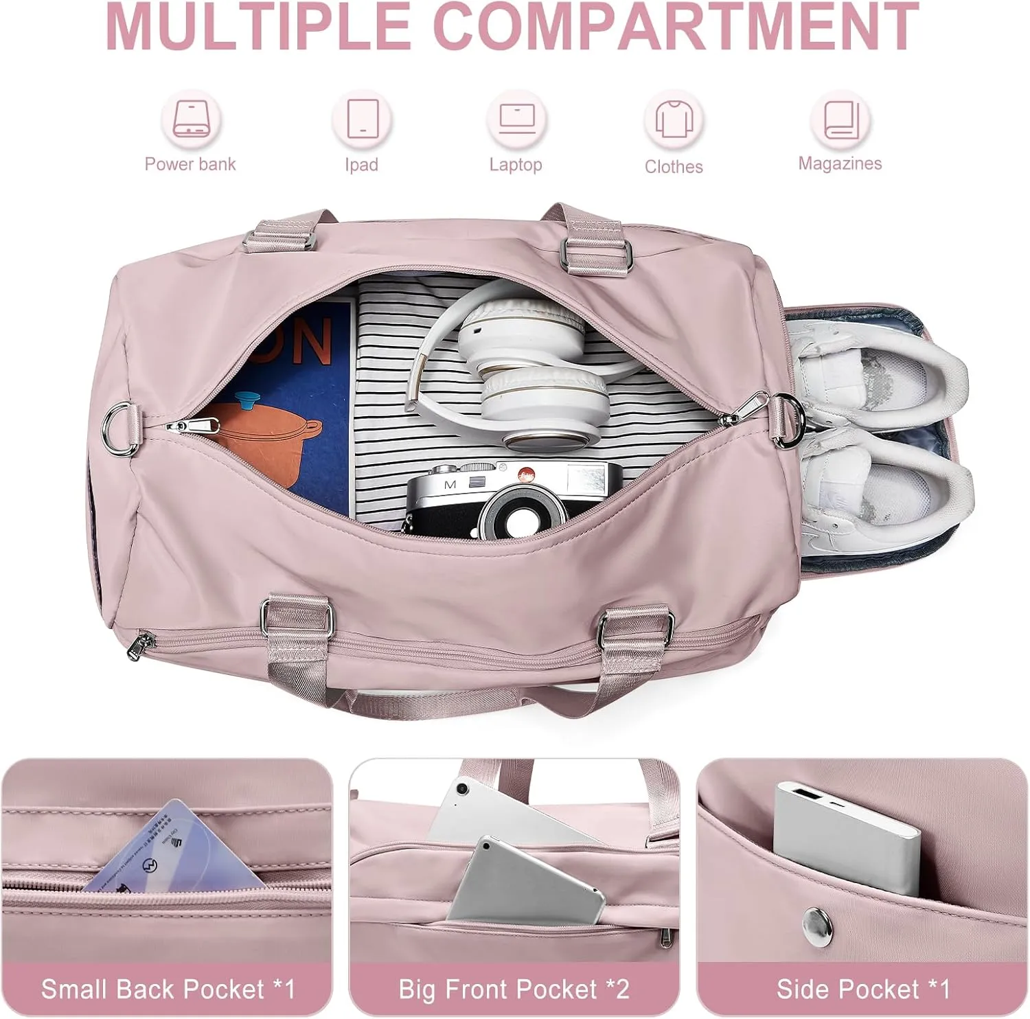 Gym Bag for Women & Men, Sports Duffel Bag Travel Bag with Shoe Compartment, Personal Item Weekender Bags with Wet Pocket, Pink Overnight Bag