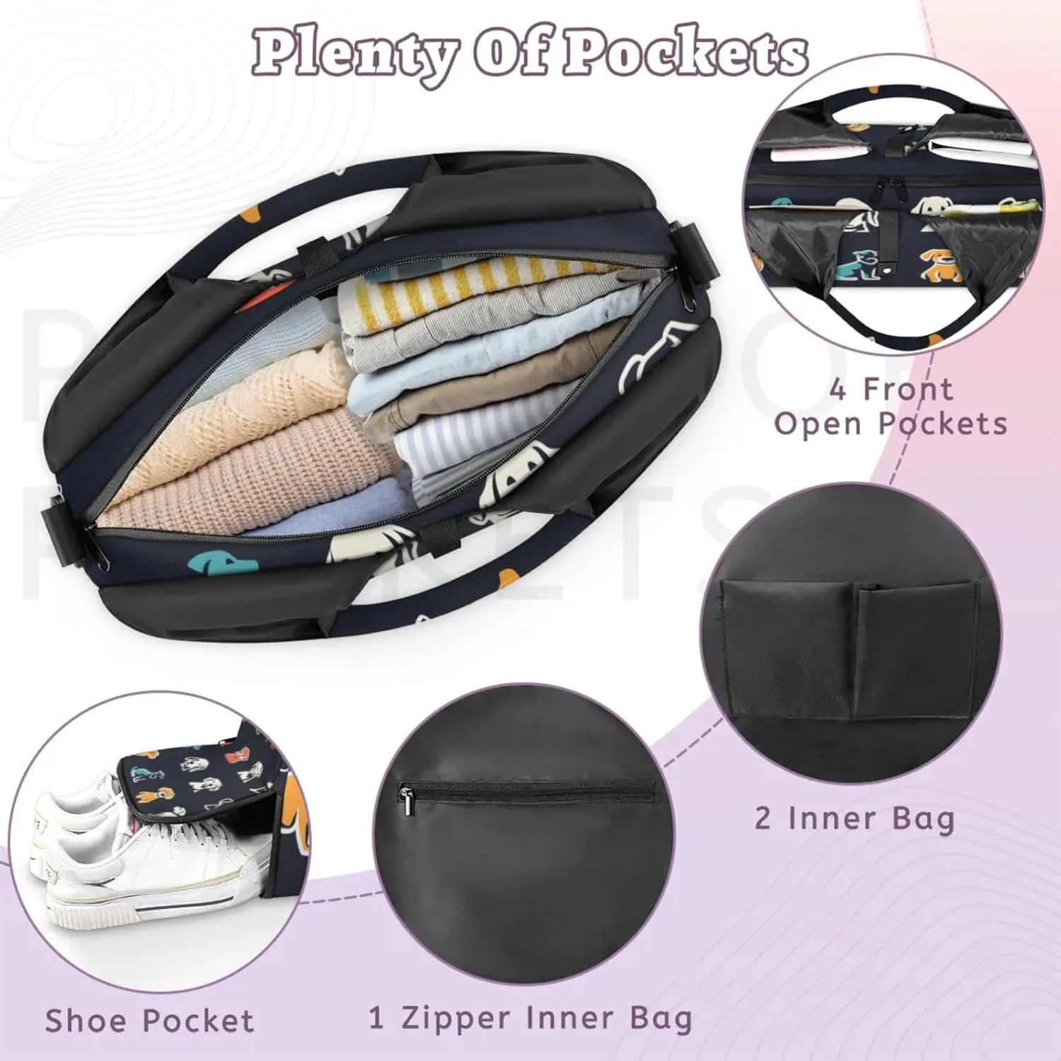 Gym Bag for Women Animal Dogs Theme Duffel Bag with Shoe Compartment and Yoga Mat Holder Portable Weekender Bags Travel Tote Bags