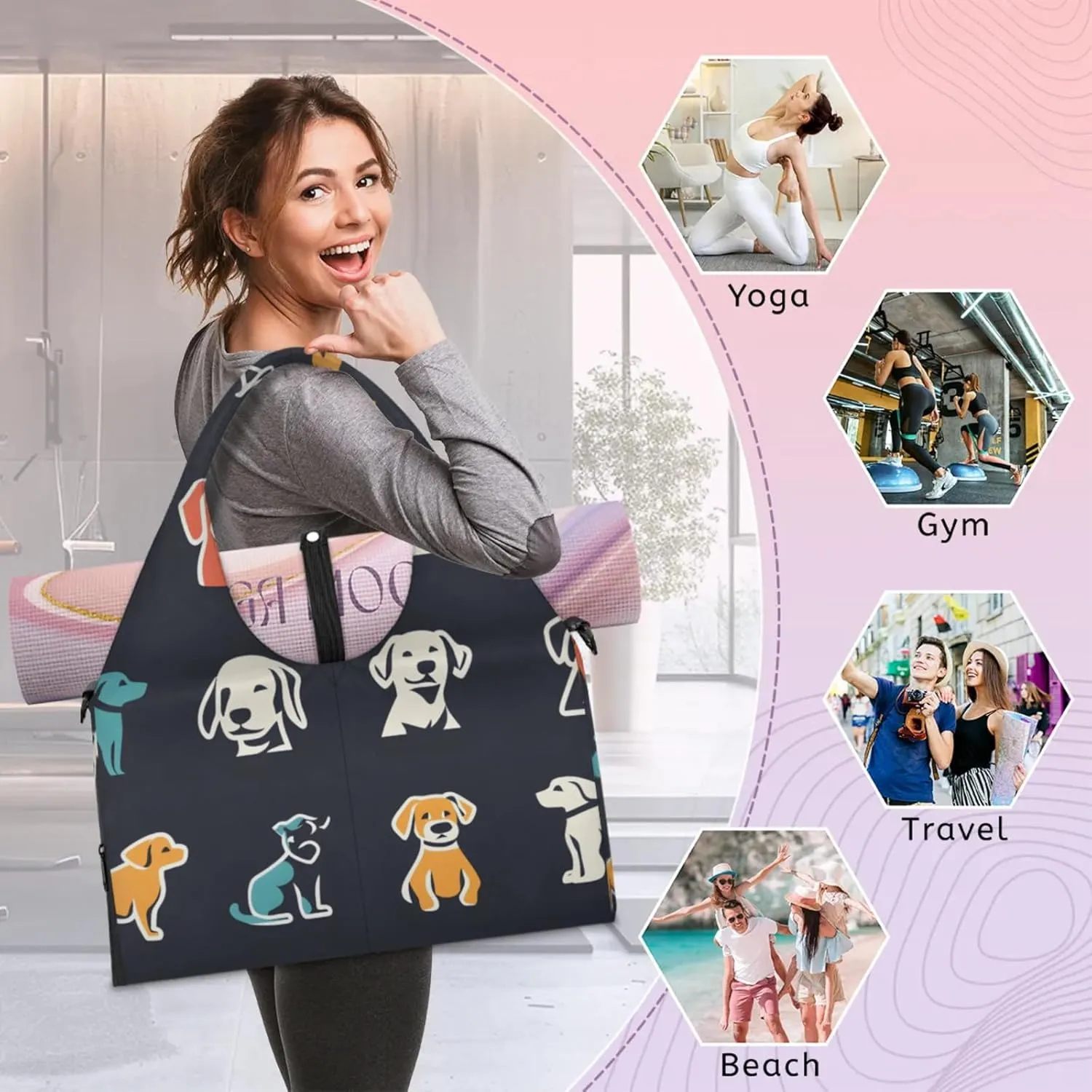 Gym Bag for Women Animal Dogs Theme Duffel Bag with Shoe Compartment and Yoga Mat Holder Portable Weekender Bags Travel Tote Bags