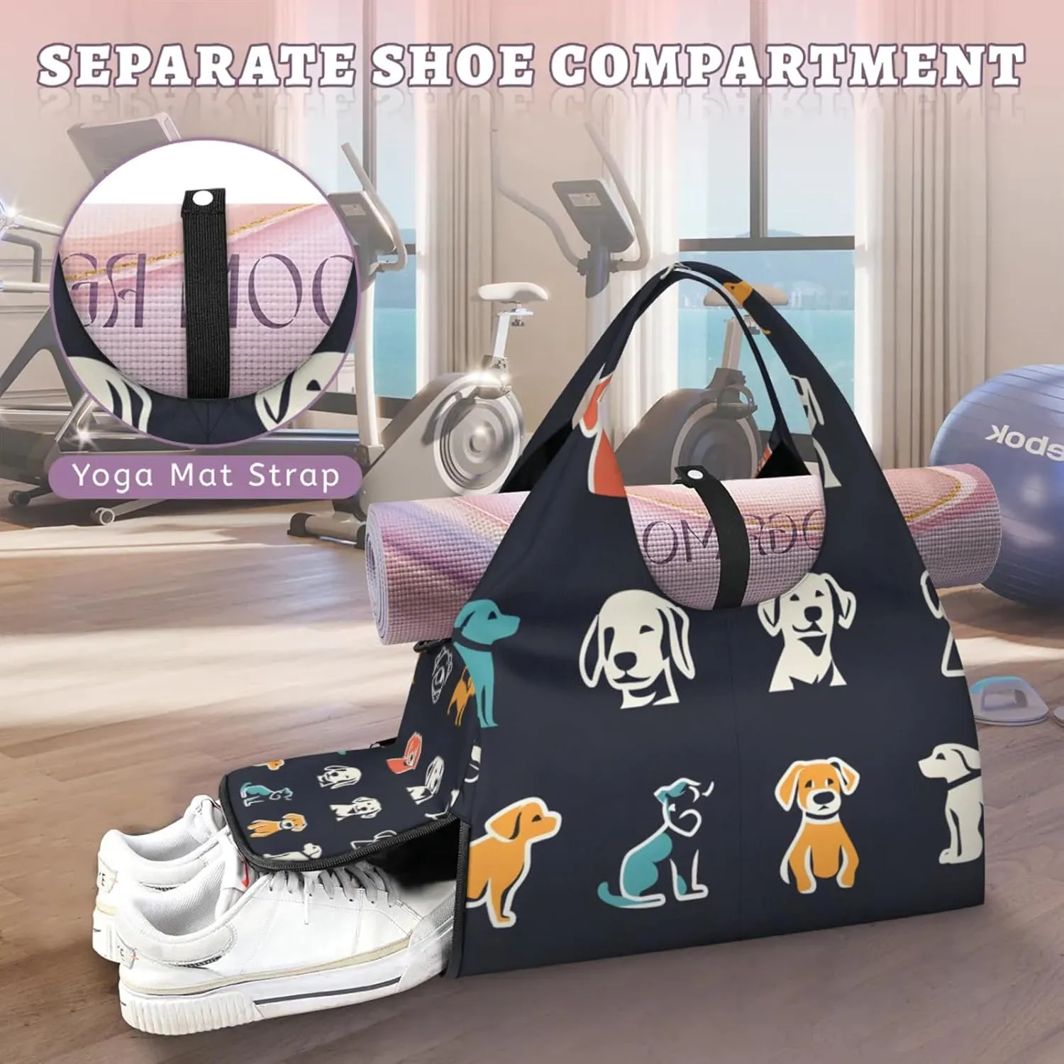 Gym Bag for Women Animal Dogs Theme Duffel Bag with Shoe Compartment and Yoga Mat Holder Portable Weekender Bags Travel Tote Bags