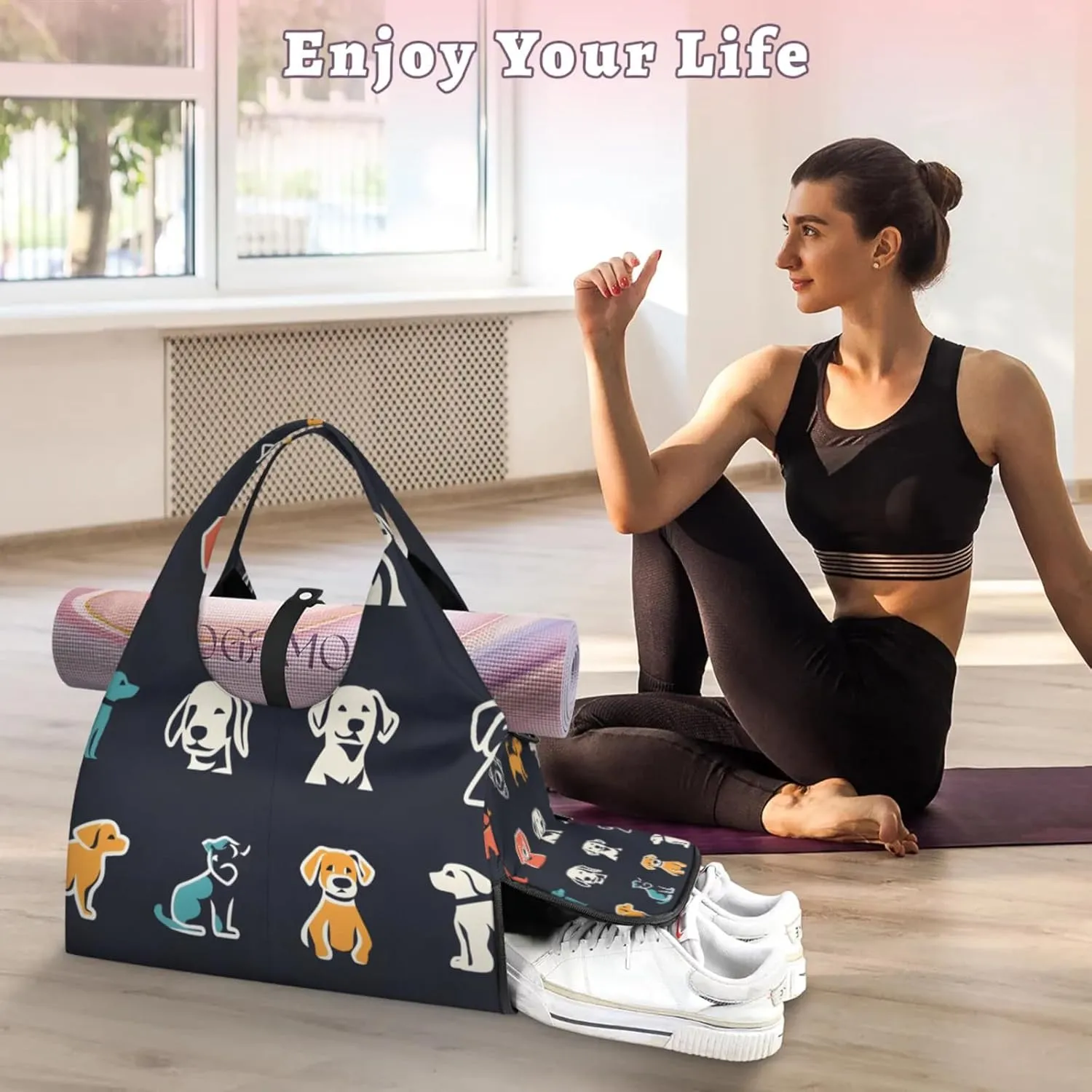 Gym Bag for Women Animal Dogs Theme Duffel Bag with Shoe Compartment and Yoga Mat Holder Portable Weekender Bags Travel Tote Bags