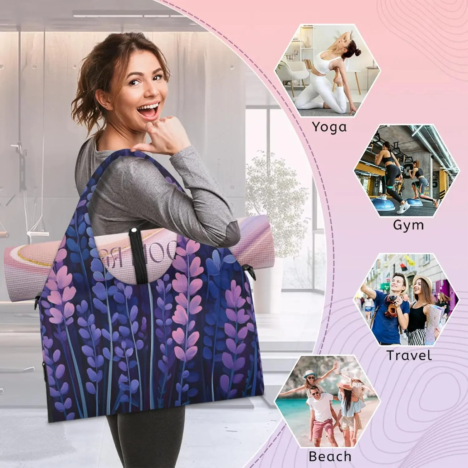 Gym Bag for Women Beautiful Lavenders Duffel Bag with Shoe Compartment and Yoga Mat Holder Portable Weekender Bags Travel Tote Bags