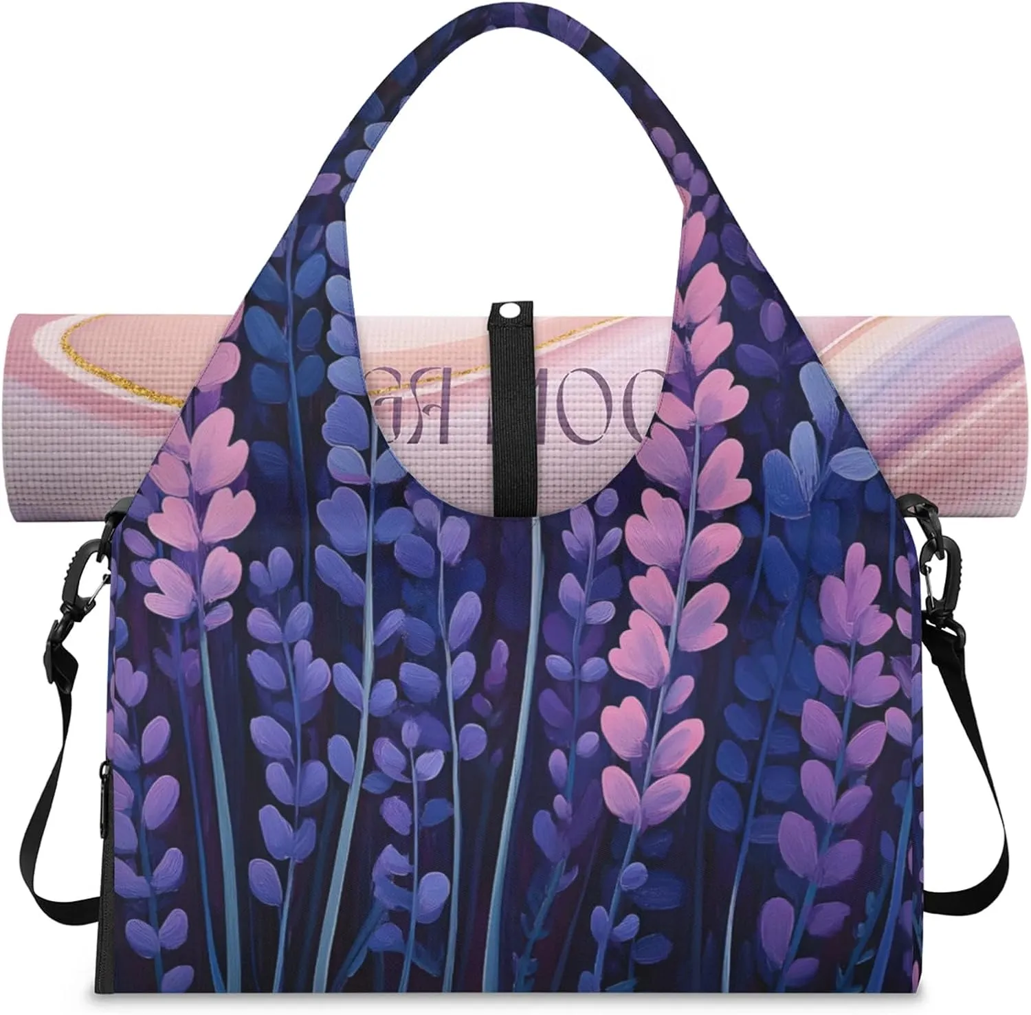 Gym Bag for Women Beautiful Lavenders Duffel Bag with Shoe Compartment and Yoga Mat Holder Portable Weekender Bags Travel Tote Bags