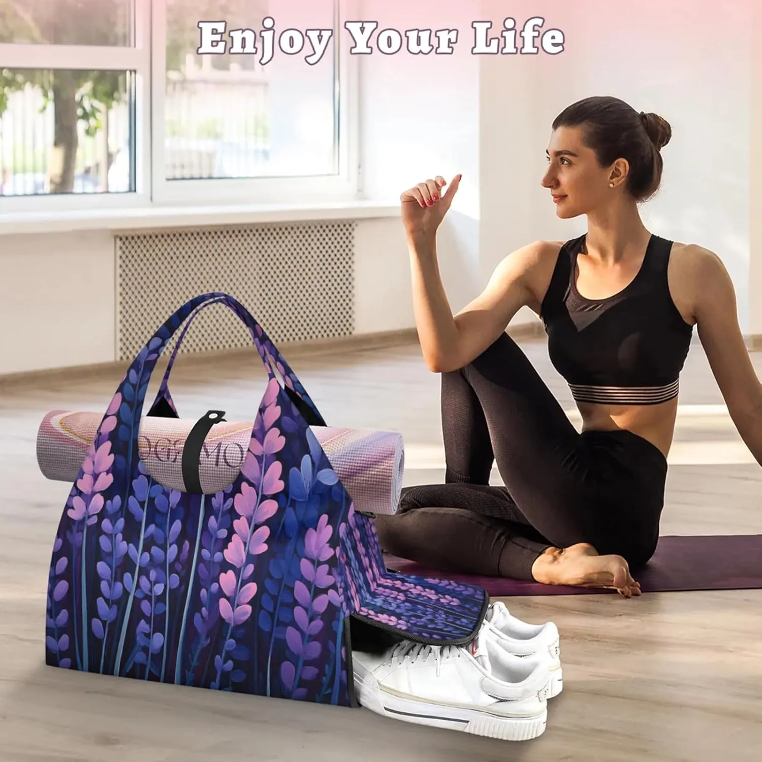 Gym Bag for Women Beautiful Lavenders Duffel Bag with Shoe Compartment and Yoga Mat Holder Portable Weekender Bags Travel Tote Bags