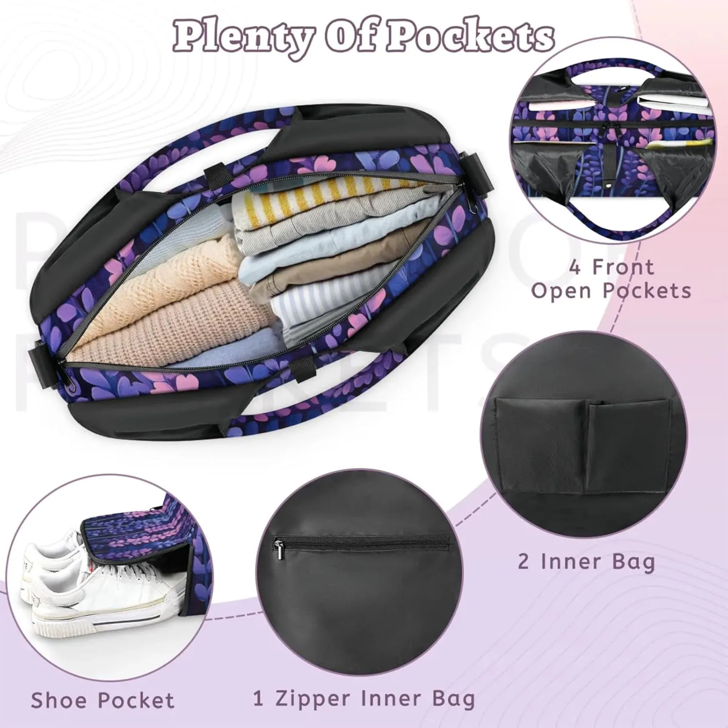 Gym Bag for Women Beautiful Lavenders Duffel Bag with Shoe Compartment and Yoga Mat Holder Portable Weekender Bags Travel Tote Bags