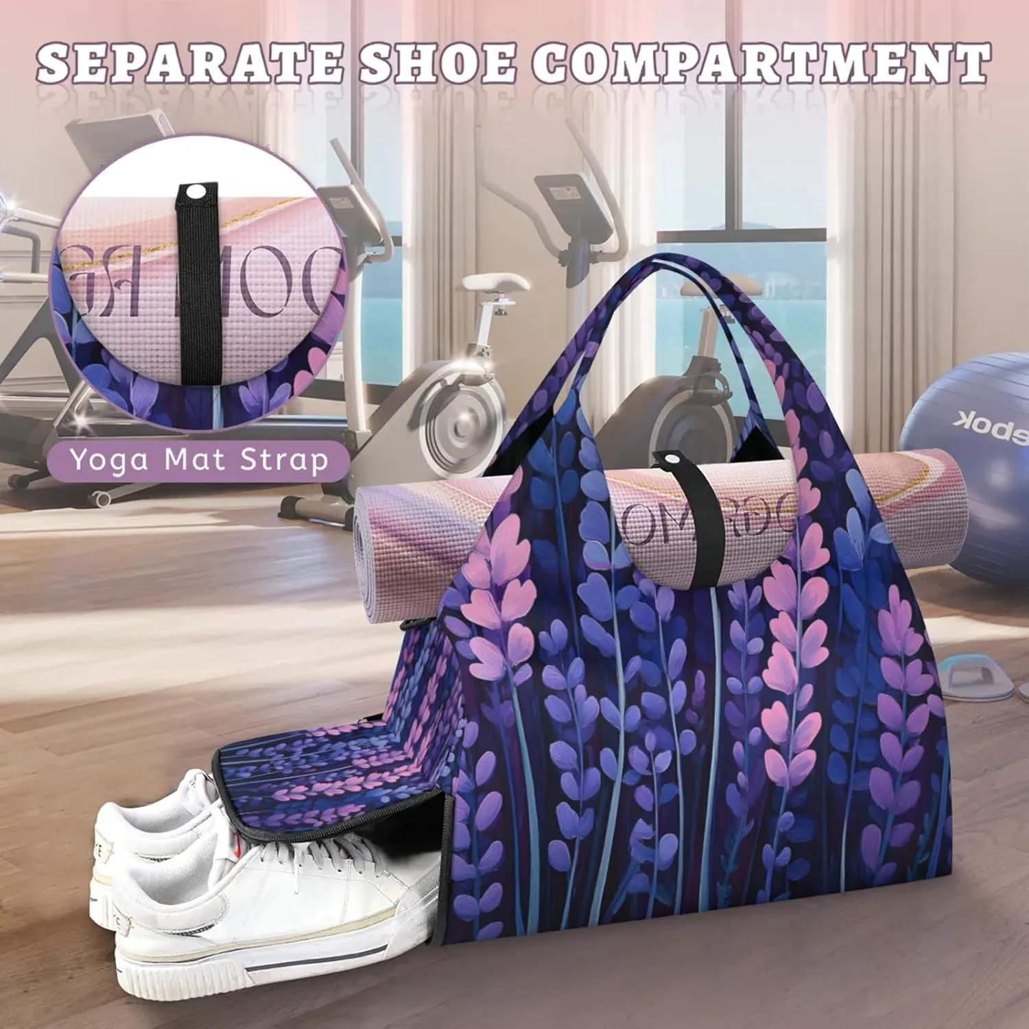 Gym Bag for Women Beautiful Lavenders Duffel Bag with Shoe Compartment and Yoga Mat Holder Portable Weekender Bags Travel Tote Bags