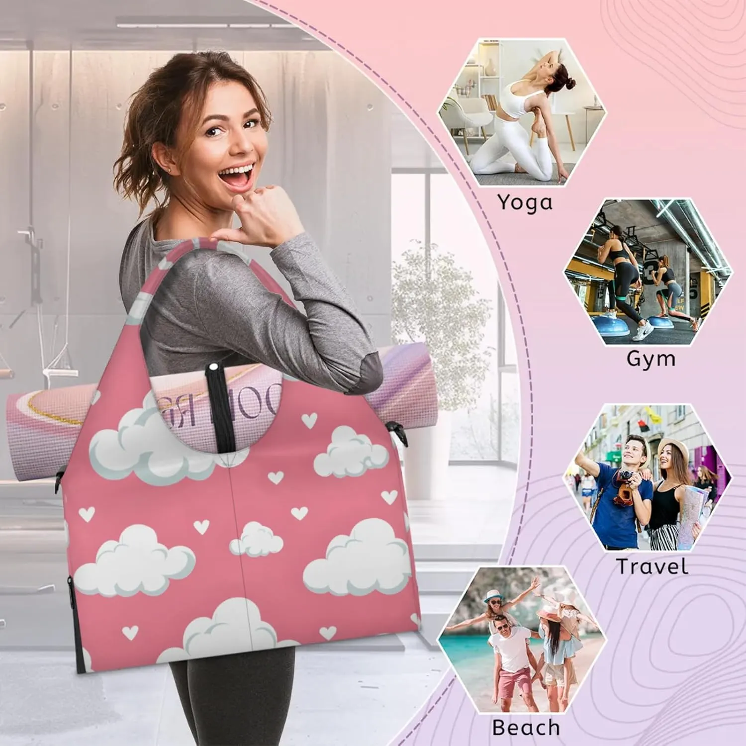 Gym Bag for Women Clouds Love Heart Duffel Bag with Shoe Compartment and Yoga Mat Holder Portable Weekender Bags Travel Tote Bags