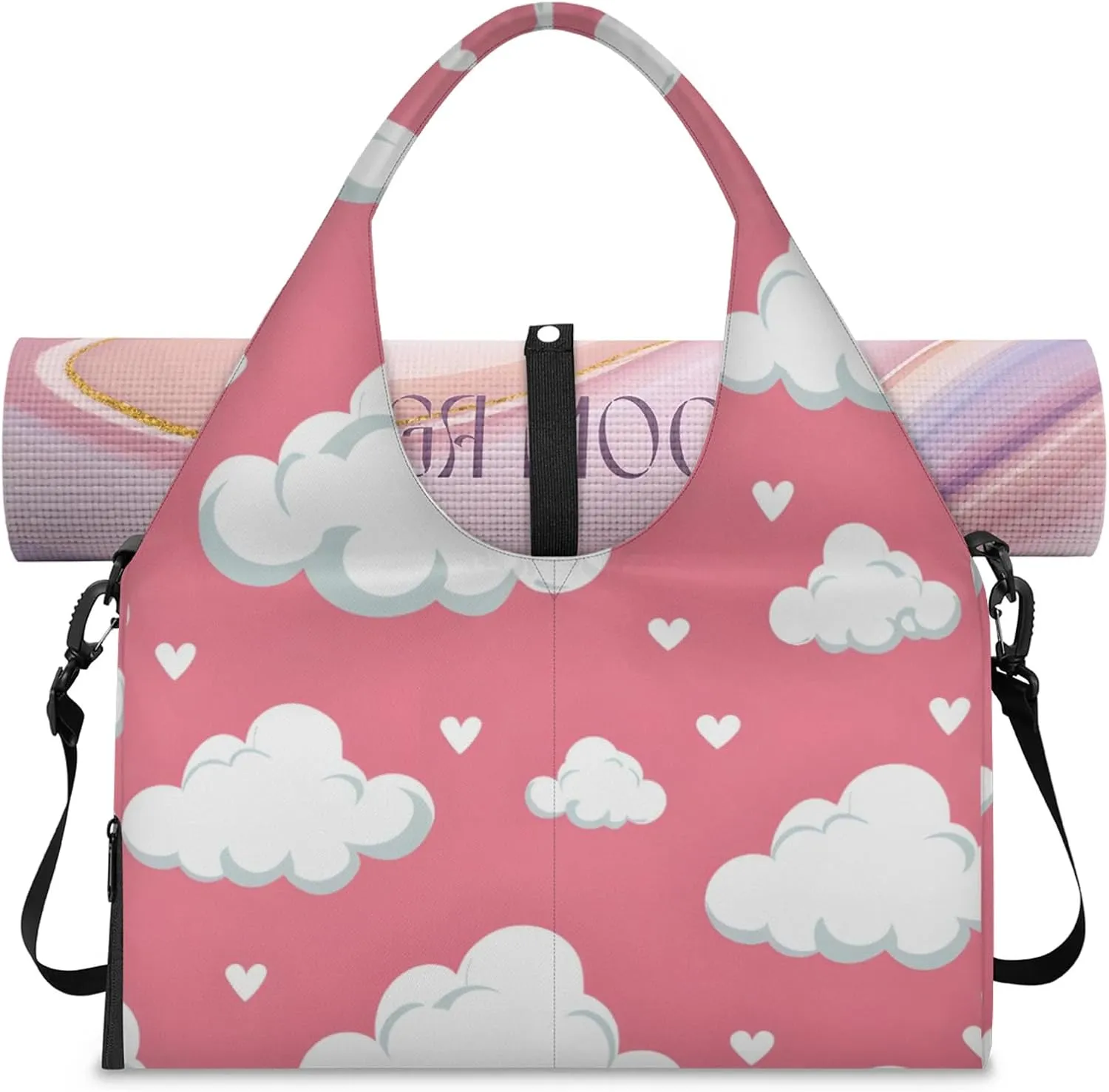 Gym Bag for Women Clouds Love Heart Duffel Bag with Shoe Compartment and Yoga Mat Holder Portable Weekender Bags Travel Tote Bags