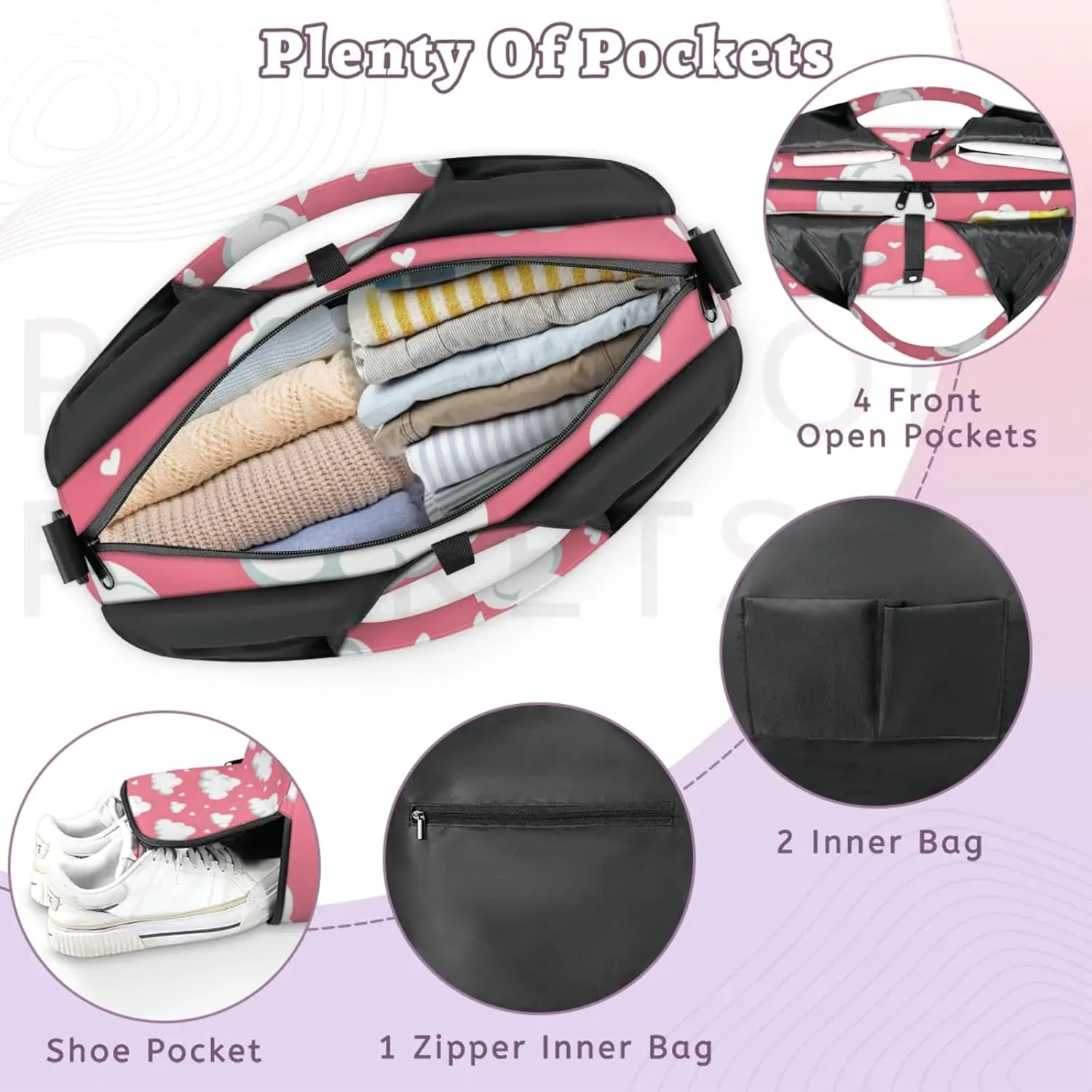 Gym Bag for Women Clouds Love Heart Duffel Bag with Shoe Compartment and Yoga Mat Holder Portable Weekender Bags Travel Tote Bags