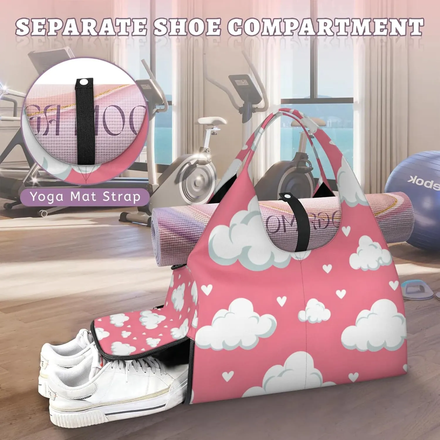Gym Bag for Women Clouds Love Heart Duffel Bag with Shoe Compartment and Yoga Mat Holder Portable Weekender Bags Travel Tote Bags