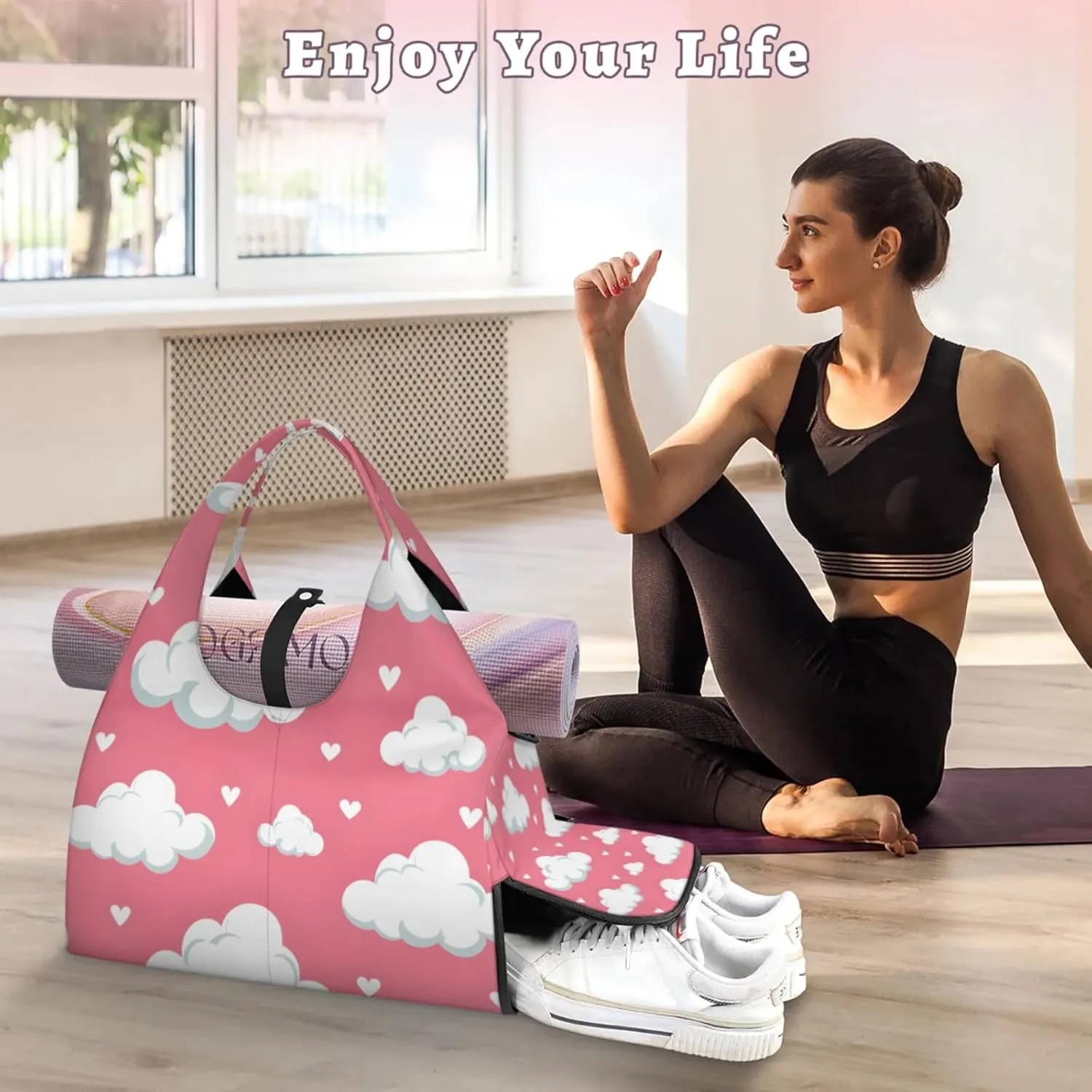 Gym Bag for Women Clouds Love Heart Duffel Bag with Shoe Compartment and Yoga Mat Holder Portable Weekender Bags Travel Tote Bags