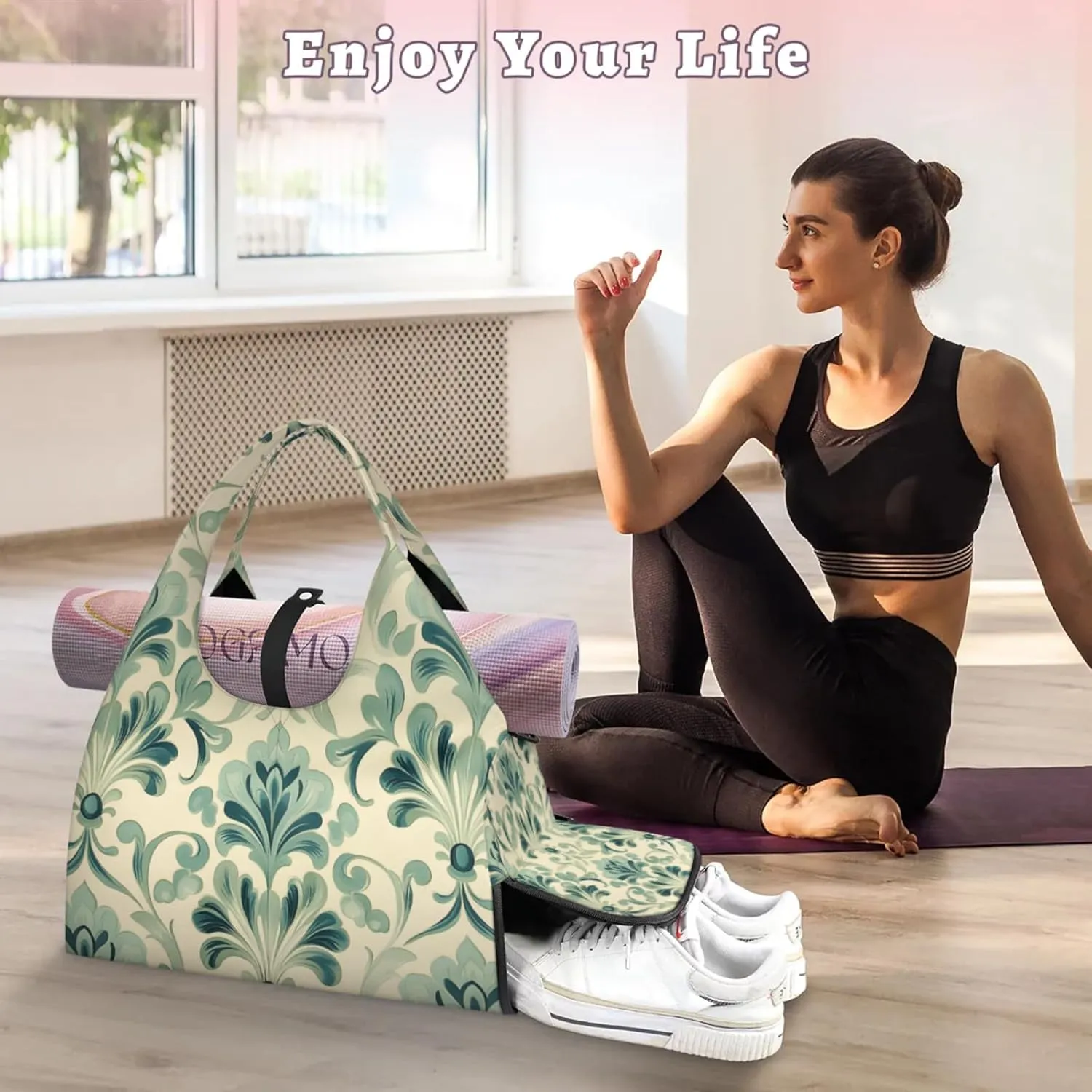 Gym Bag for Women Colorful Wood Board Duffel Bag with Shoe Compartment and Yoga Mat Holder Portable Weekender Bags