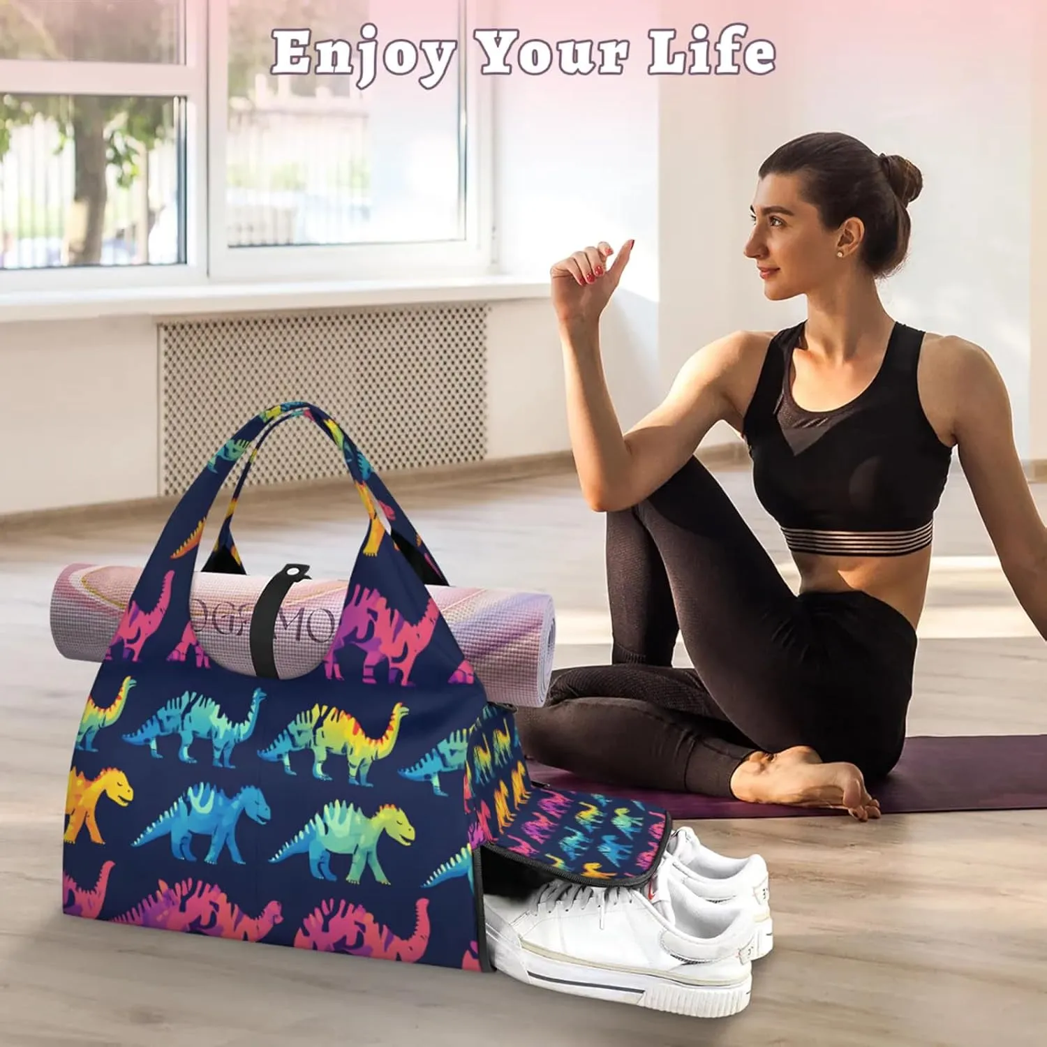 Gym Bag for Women Cool Dinosaurs Duffel Bag with Shoe Compartment and Yoga Mat Holder Portable Weekender Bags Travel Tote Bags