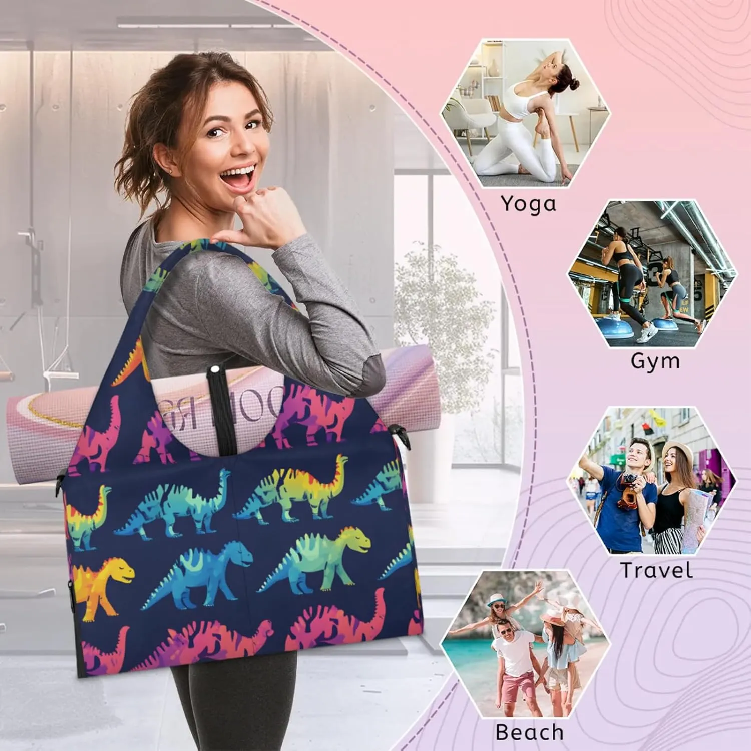 Gym Bag for Women Cool Dinosaurs Duffel Bag with Shoe Compartment and Yoga Mat Holder Portable Weekender Bags Travel Tote Bags