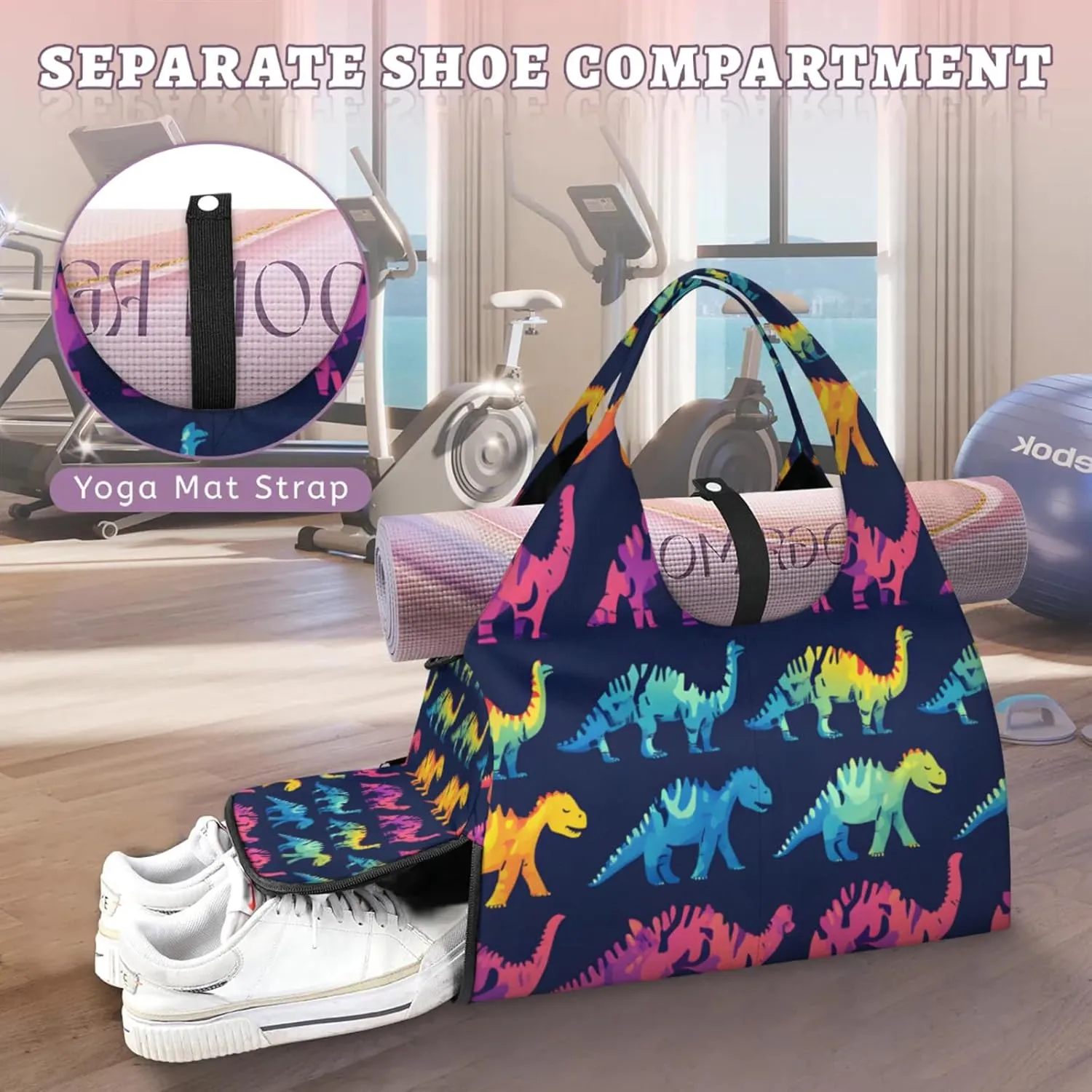 Gym Bag for Women Cool Dinosaurs Duffel Bag with Shoe Compartment and Yoga Mat Holder Portable Weekender Bags Travel Tote Bags