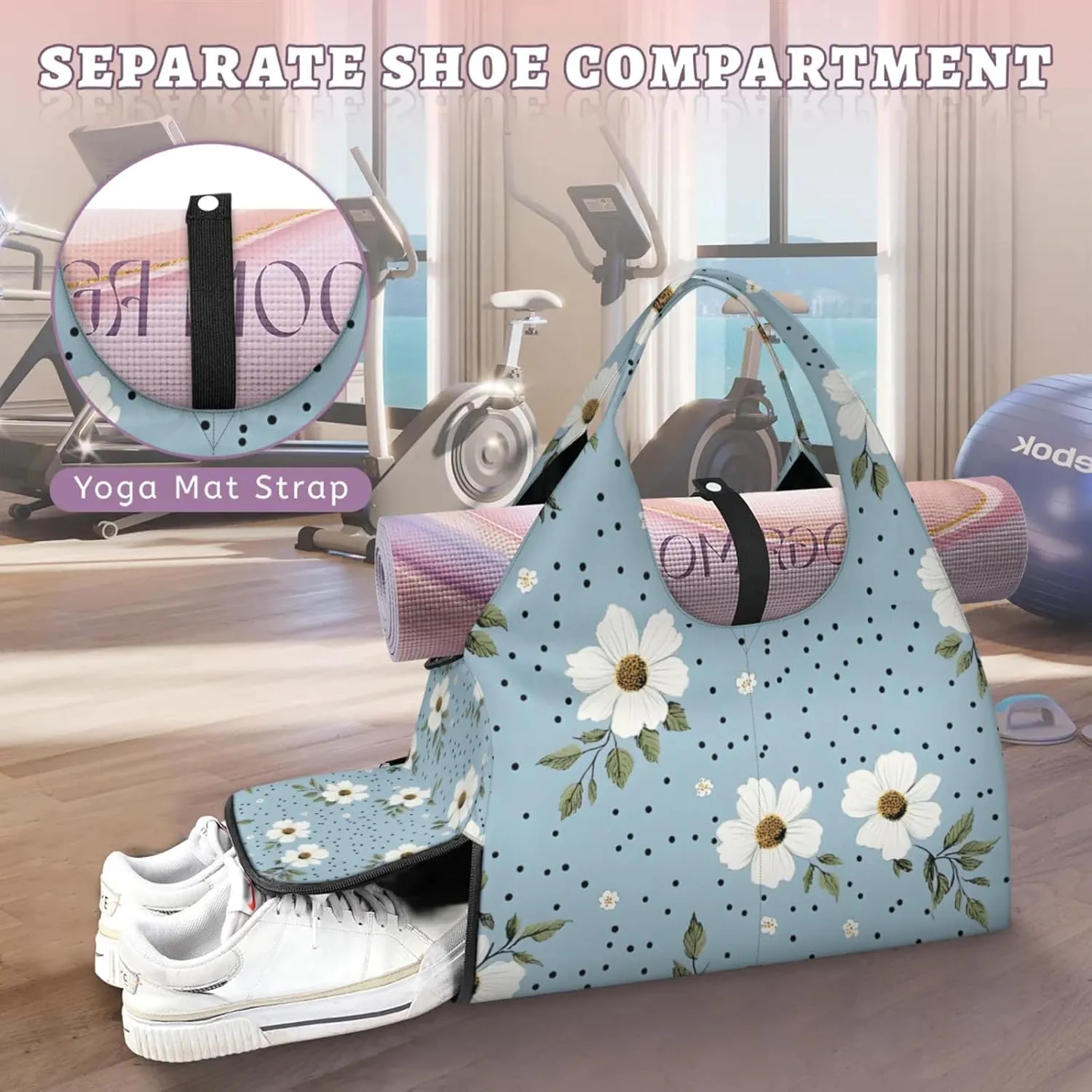Gym Bag for Women Flowers Dots Duffel Bag with Shoe Compartment and Yoga Mat Holder Portable Weekender Bags Travel Tote Bags