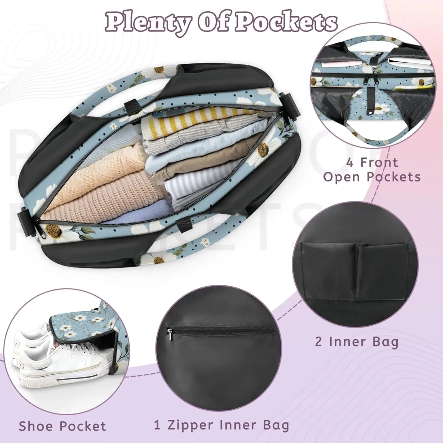 Gym Bag for Women Flowers Dots Duffel Bag with Shoe Compartment and Yoga Mat Holder Portable Weekender Bags Travel Tote Bags