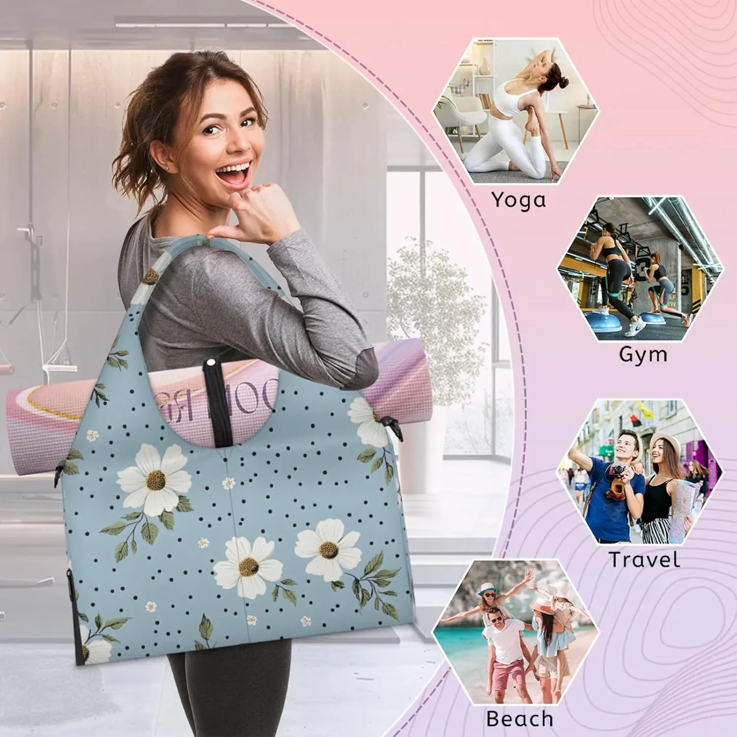 Gym Bag for Women Flowers Dots Duffel Bag with Shoe Compartment and Yoga Mat Holder Portable Weekender Bags Travel Tote Bags