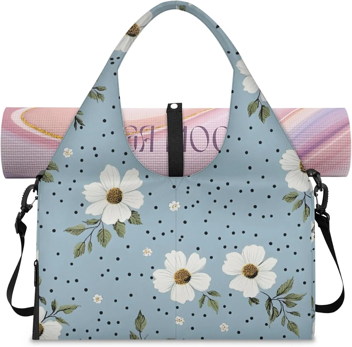 Gym Bag for Women Flowers Dots Duffel Bag with Shoe Compartment and Yoga Mat Holder Portable Weekender Bags Travel Tote Bags