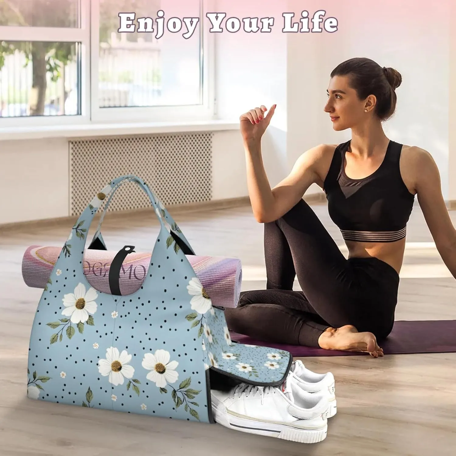 Gym Bag for Women Flowers Dots Duffel Bag with Shoe Compartment and Yoga Mat Holder Portable Weekender Bags Travel Tote Bags