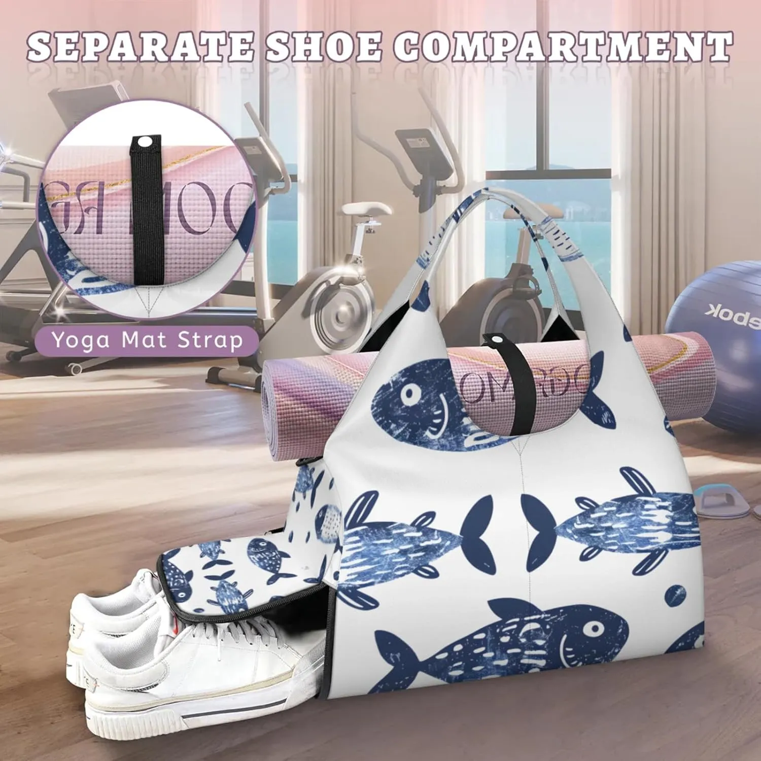Gym Bag for Women Lovely Fish Duffel Bag with Shoe Compartment and Yoga Mat Holder Portable Weekender Bags Travel Tote Bags