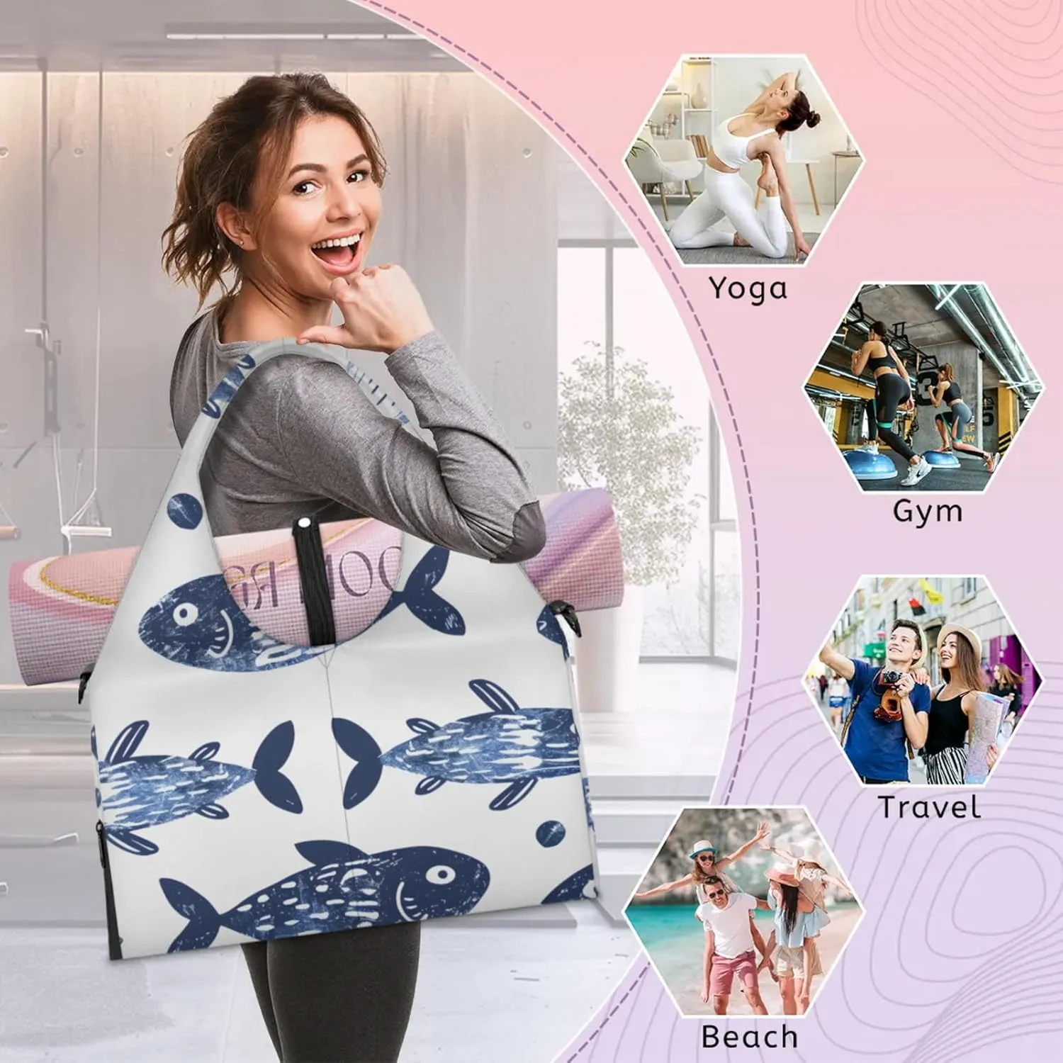 Gym Bag for Women Lovely Fish Duffel Bag with Shoe Compartment and Yoga Mat Holder Portable Weekender Bags Travel Tote Bags
