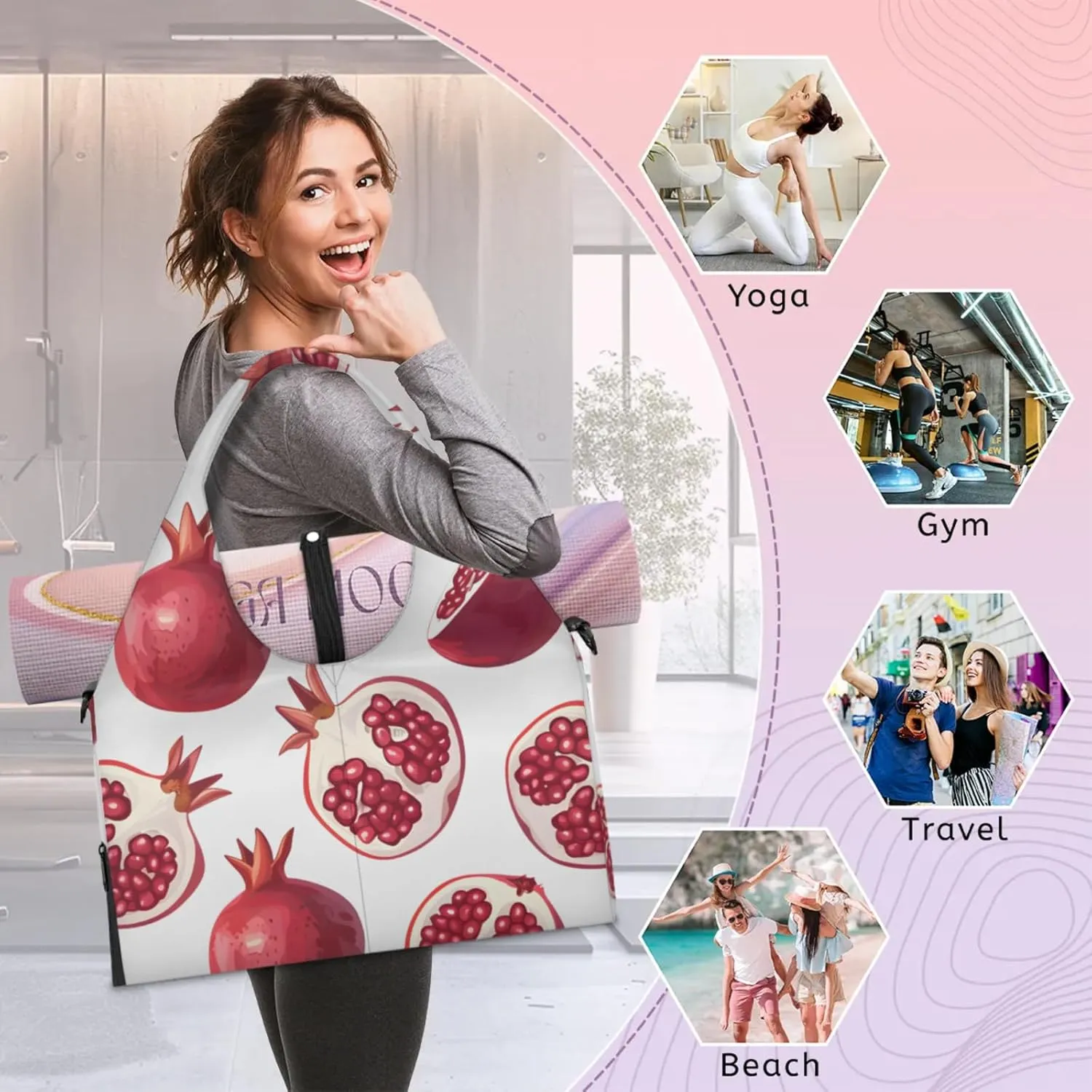 Gym Bag for Women Pomegranate Printed Duffel Bag with Shoe Compartment and Yoga Mat Holder Portable Weekender Bags Travel Tote Bags