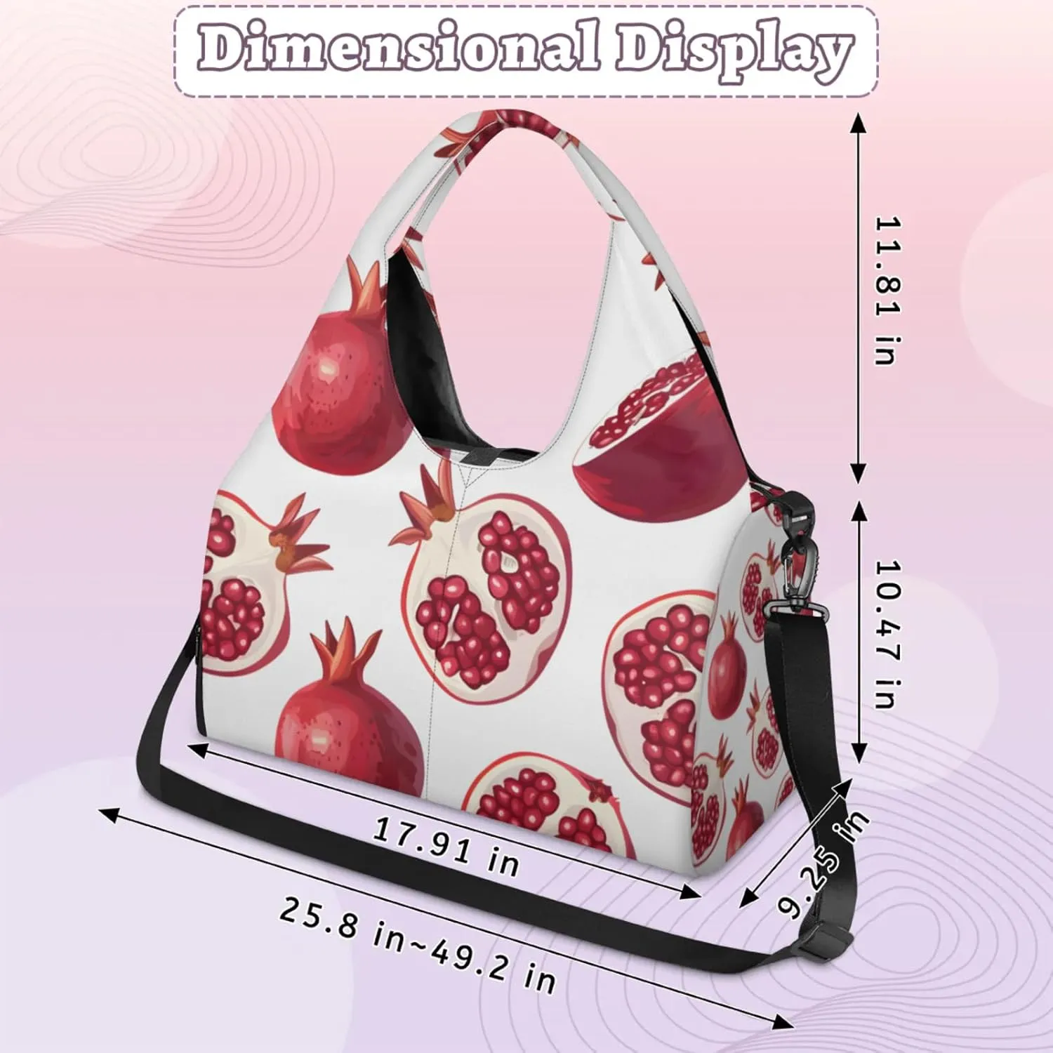 Gym Bag for Women Pomegranate Printed Duffel Bag with Shoe Compartment and Yoga Mat Holder Portable Weekender Bags Travel Tote Bags