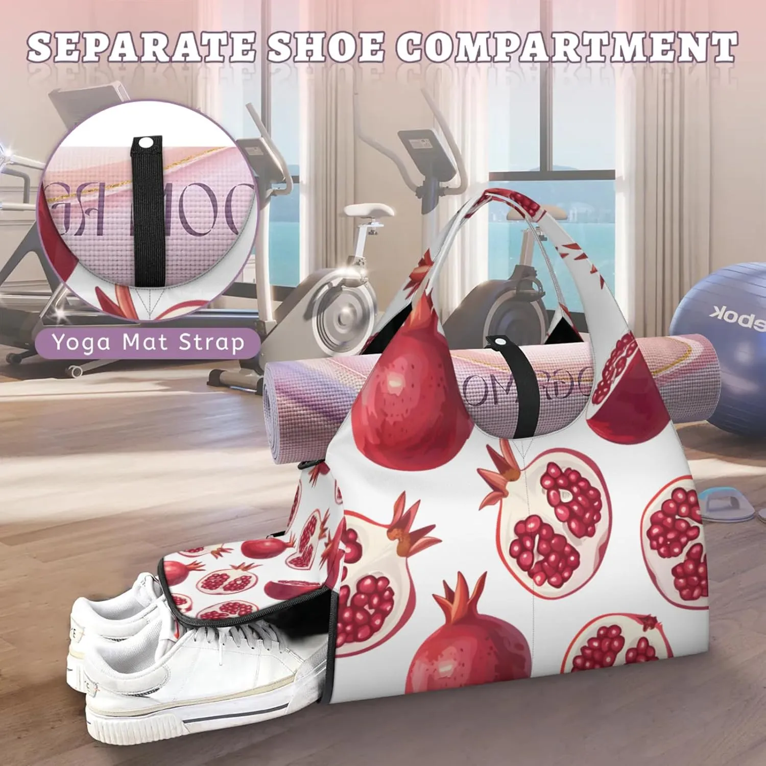 Gym Bag for Women Pomegranate Printed Duffel Bag with Shoe Compartment and Yoga Mat Holder Portable Weekender Bags Travel Tote Bags