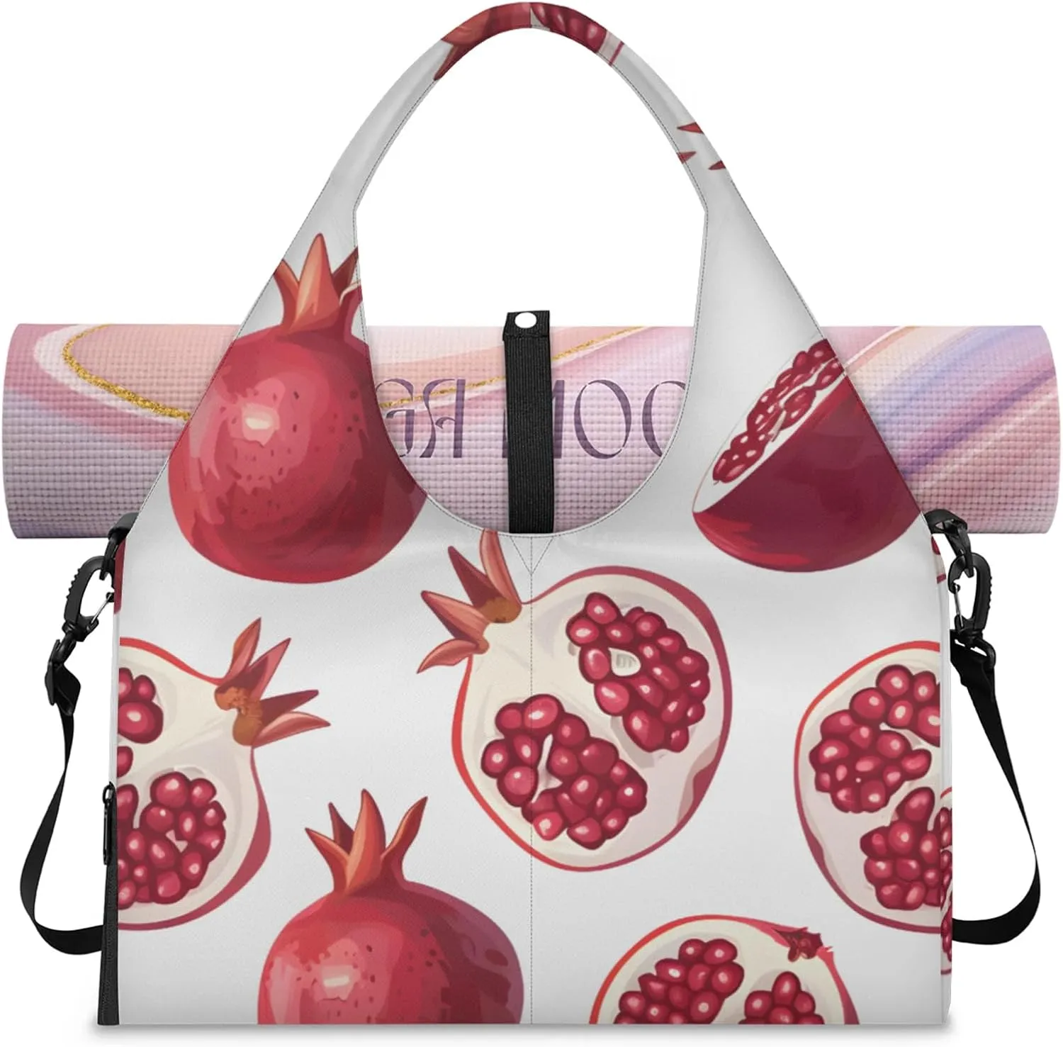 Gym Bag for Women Pomegranate Printed Duffel Bag with Shoe Compartment and Yoga Mat Holder Portable Weekender Bags Travel Tote Bags