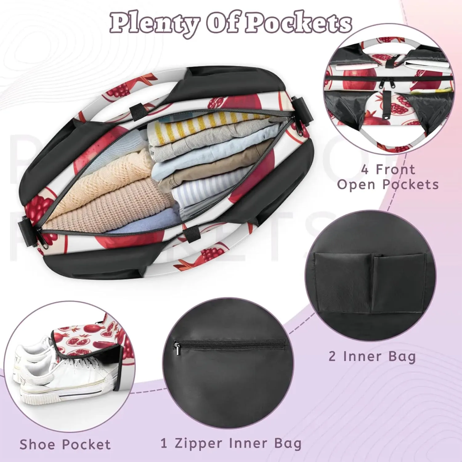 Gym Bag for Women Pomegranate Printed Duffel Bag with Shoe Compartment and Yoga Mat Holder Portable Weekender Bags Travel Tote Bags