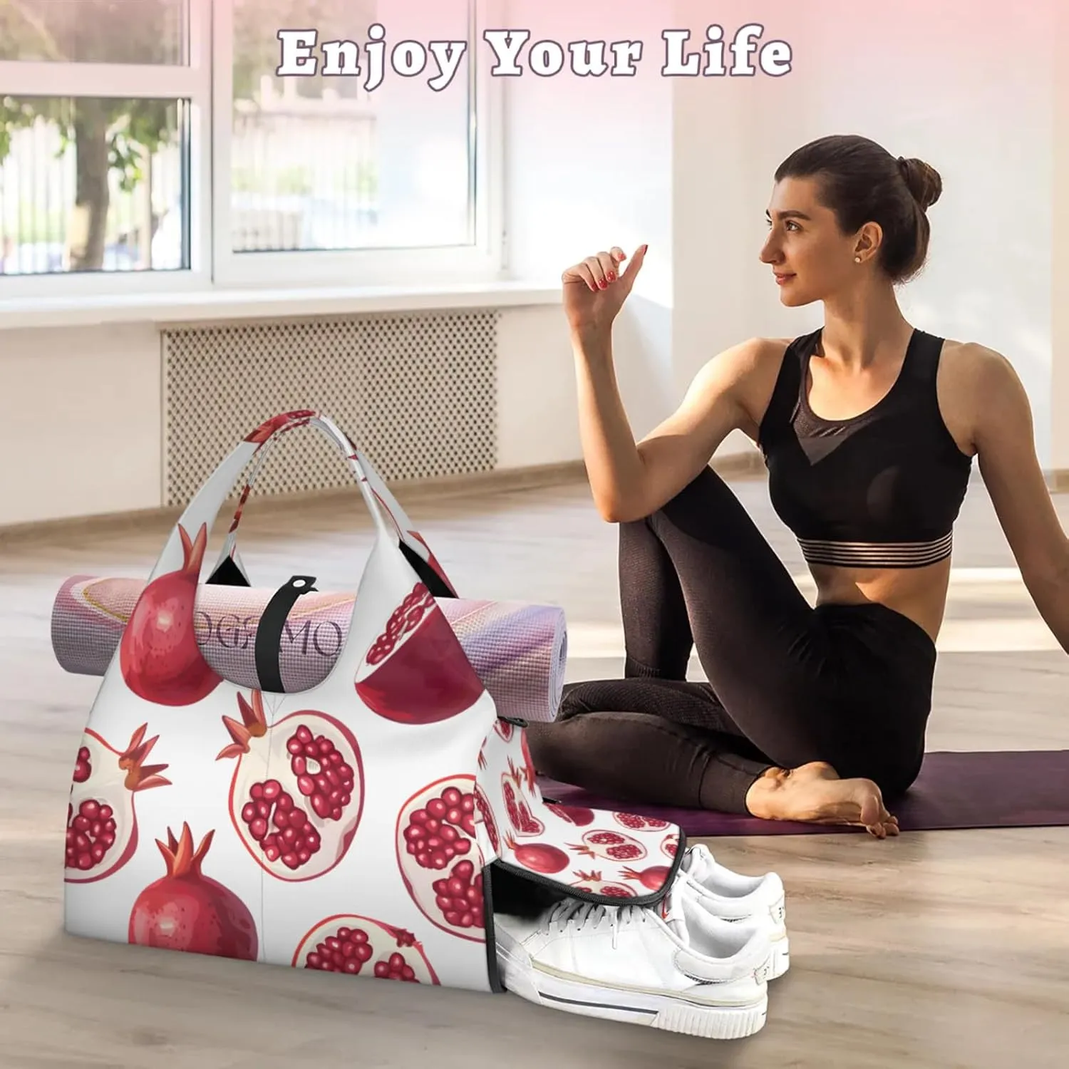 Gym Bag for Women Pomegranate Printed Duffel Bag with Shoe Compartment and Yoga Mat Holder Portable Weekender Bags Travel Tote Bags