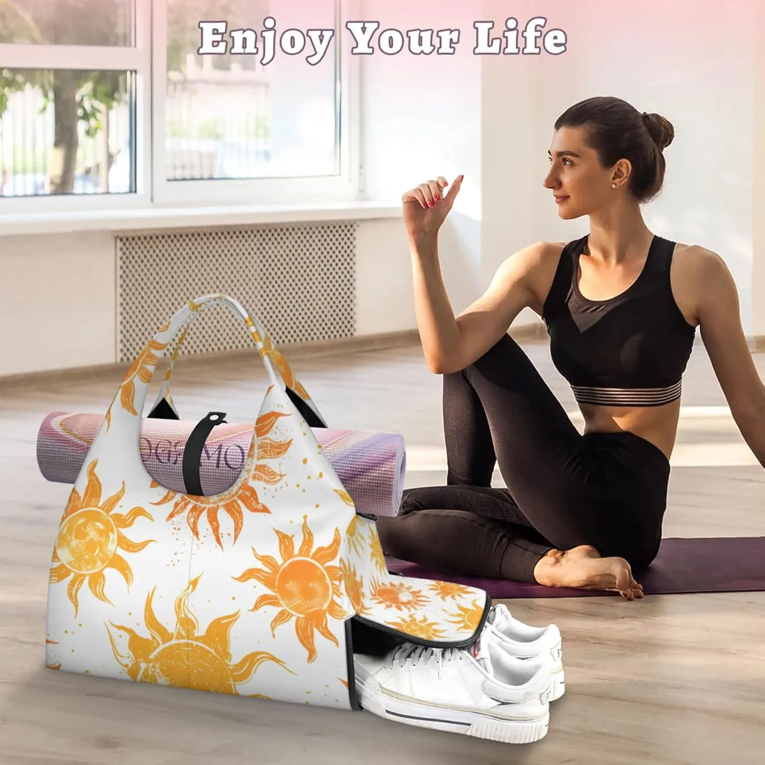 Gym Bag for Women Sun Theme Duffel Bag with Shoe Compartment and Yoga Mat Holder Portable Weekender Bags Travel Tote Bags