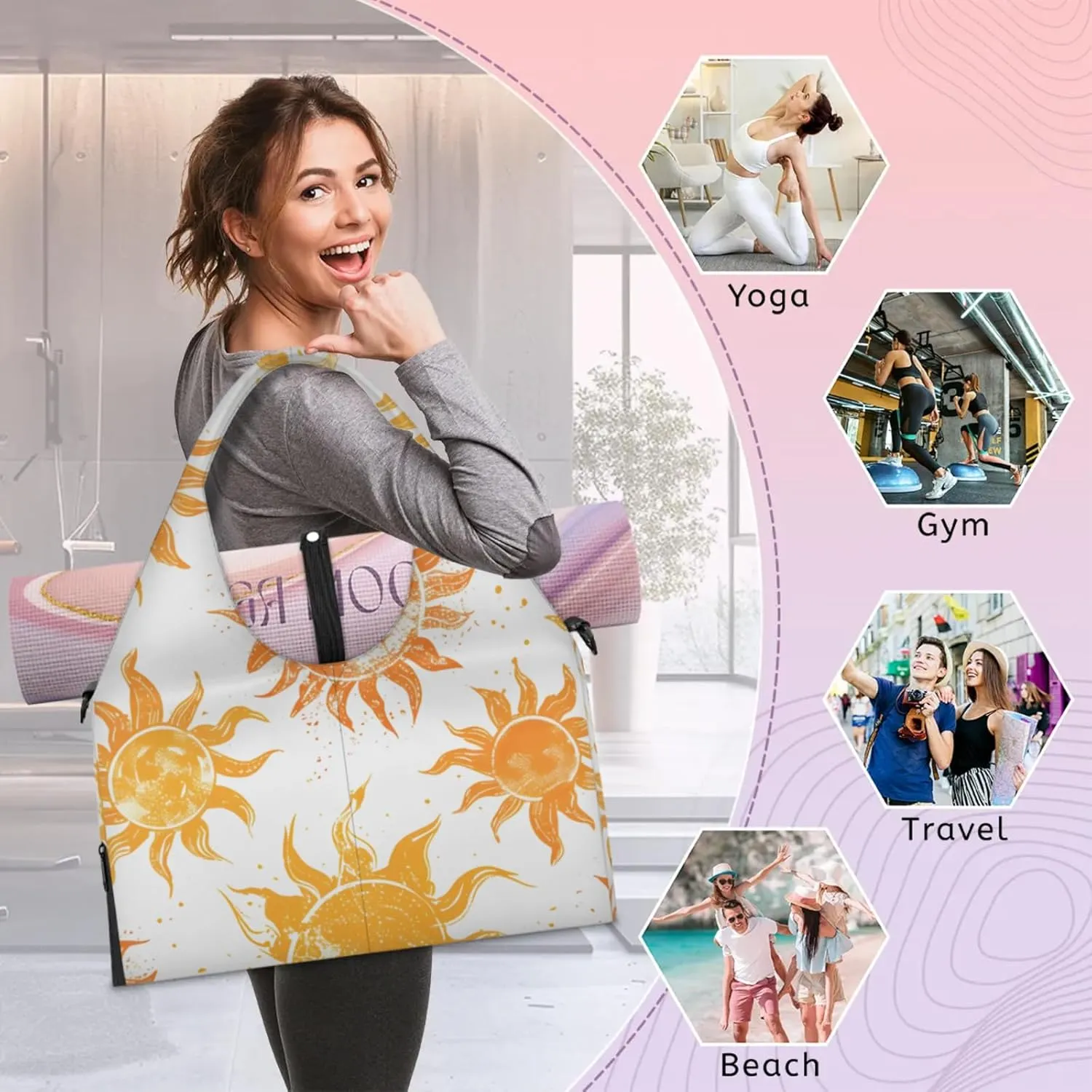 Gym Bag for Women Sun Theme Duffel Bag with Shoe Compartment and Yoga Mat Holder Portable Weekender Bags Travel Tote Bags